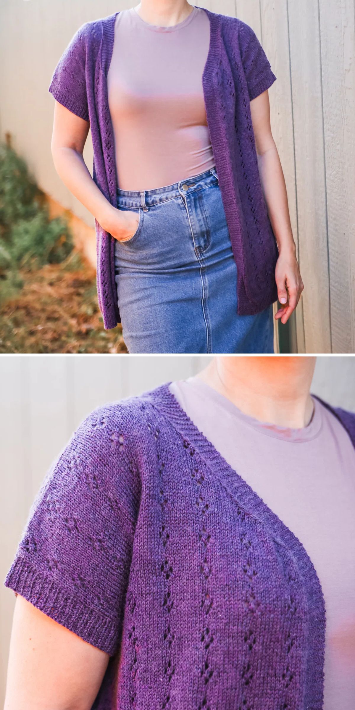 A person wearing a short-sleeve, purple knit cardigan over a light pink top and denim skirt stands outdoors near a wooden fence. Close-up shows the cardigan's lacy texture.