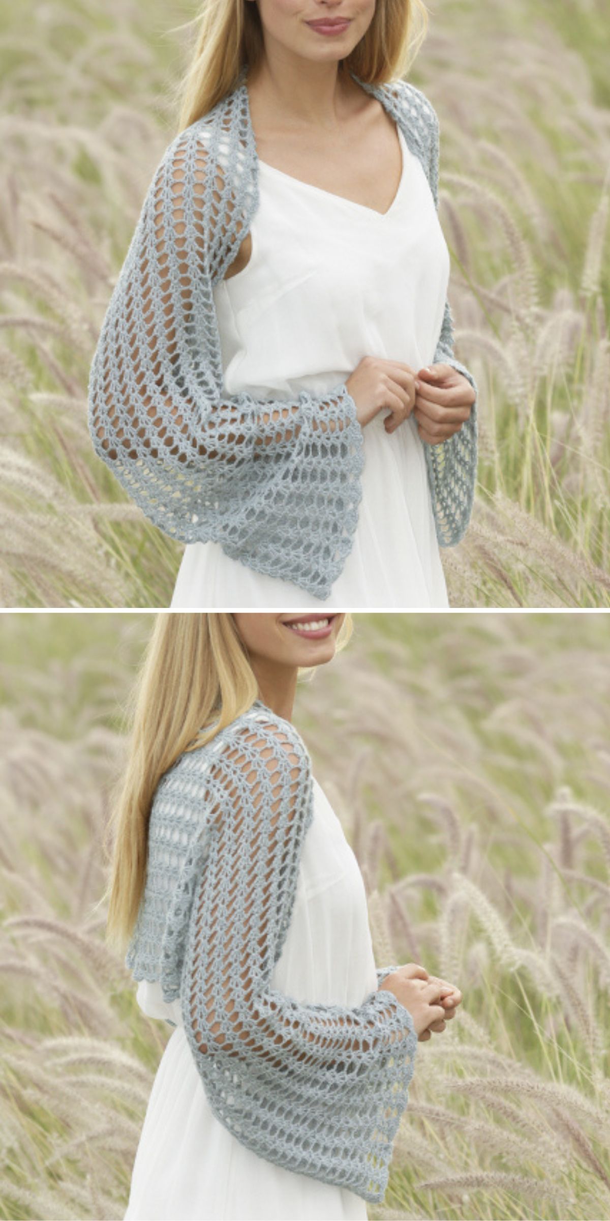 Woman wearing a white dress and a light blue crocheted openwork shrug, standing outdoors in a field of tall grass.