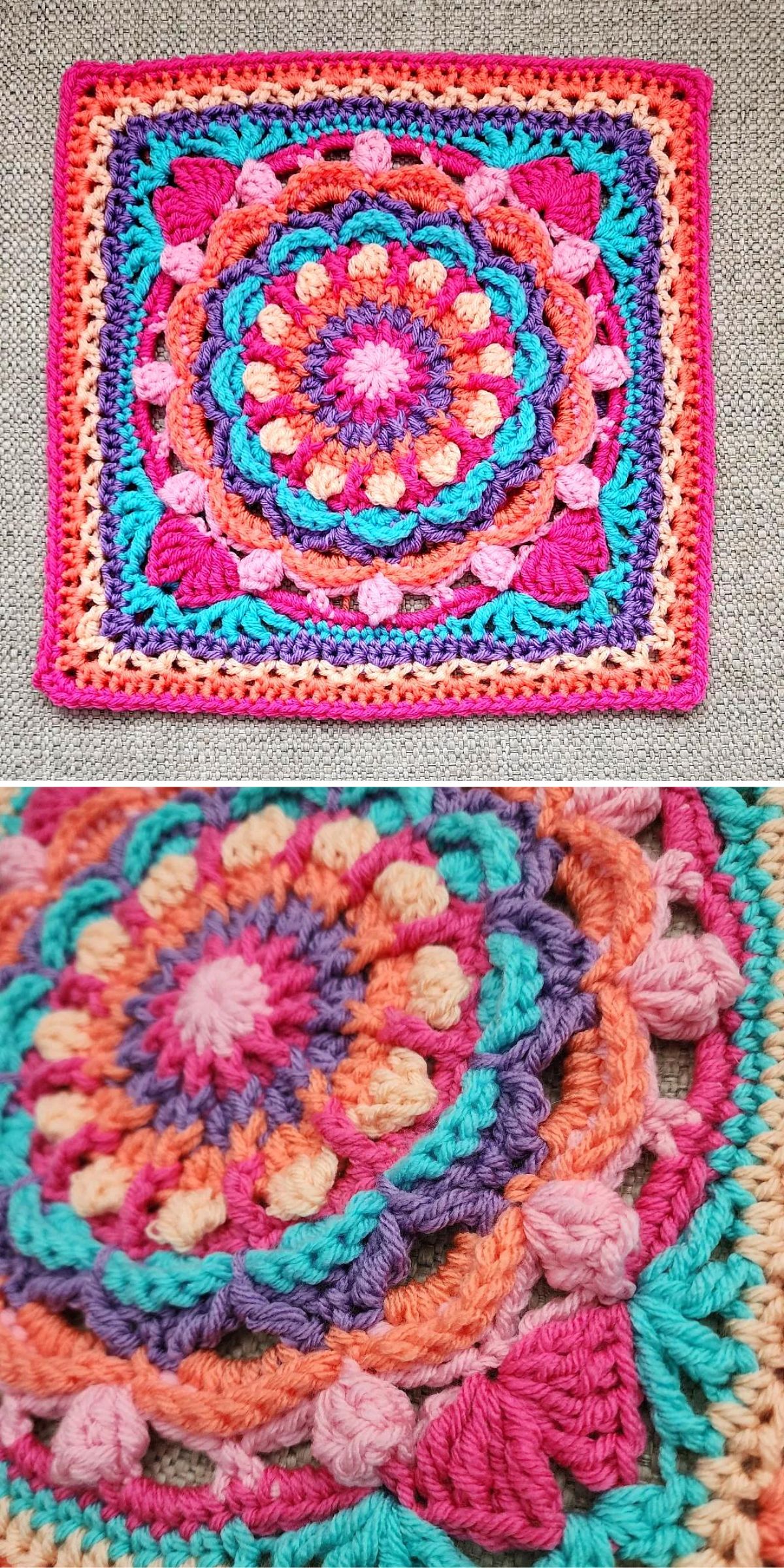 a crochet flower square in vivid colors