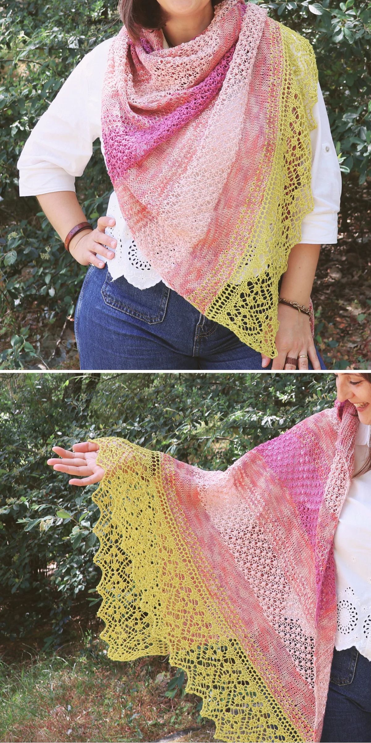 A person wears a triangular knit shawl in pink, cream, and yellow with lace detailing, standing outdoors in front of leafy bushes.
