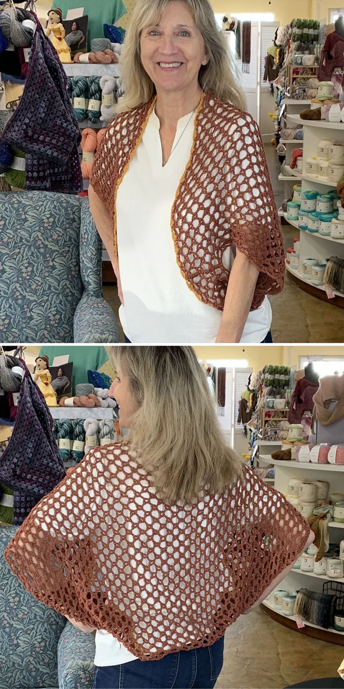 A woman stands in a yarn shop wearing a brown, open-mesh crocheted shawl over a white top, shown from the front and back.