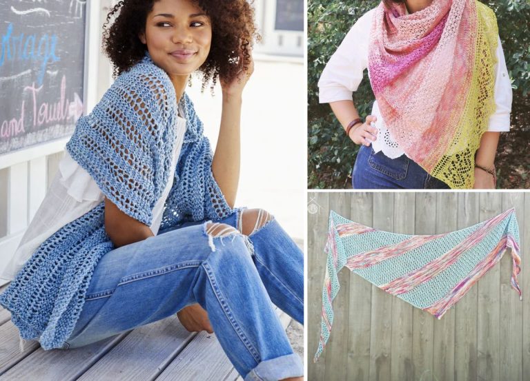 Three knit shawls in different styles and colors are shown: a blue open-knit shawl, a pink and yellow gradient shawl, and a striped blue and pink shawl displayed on a fence.