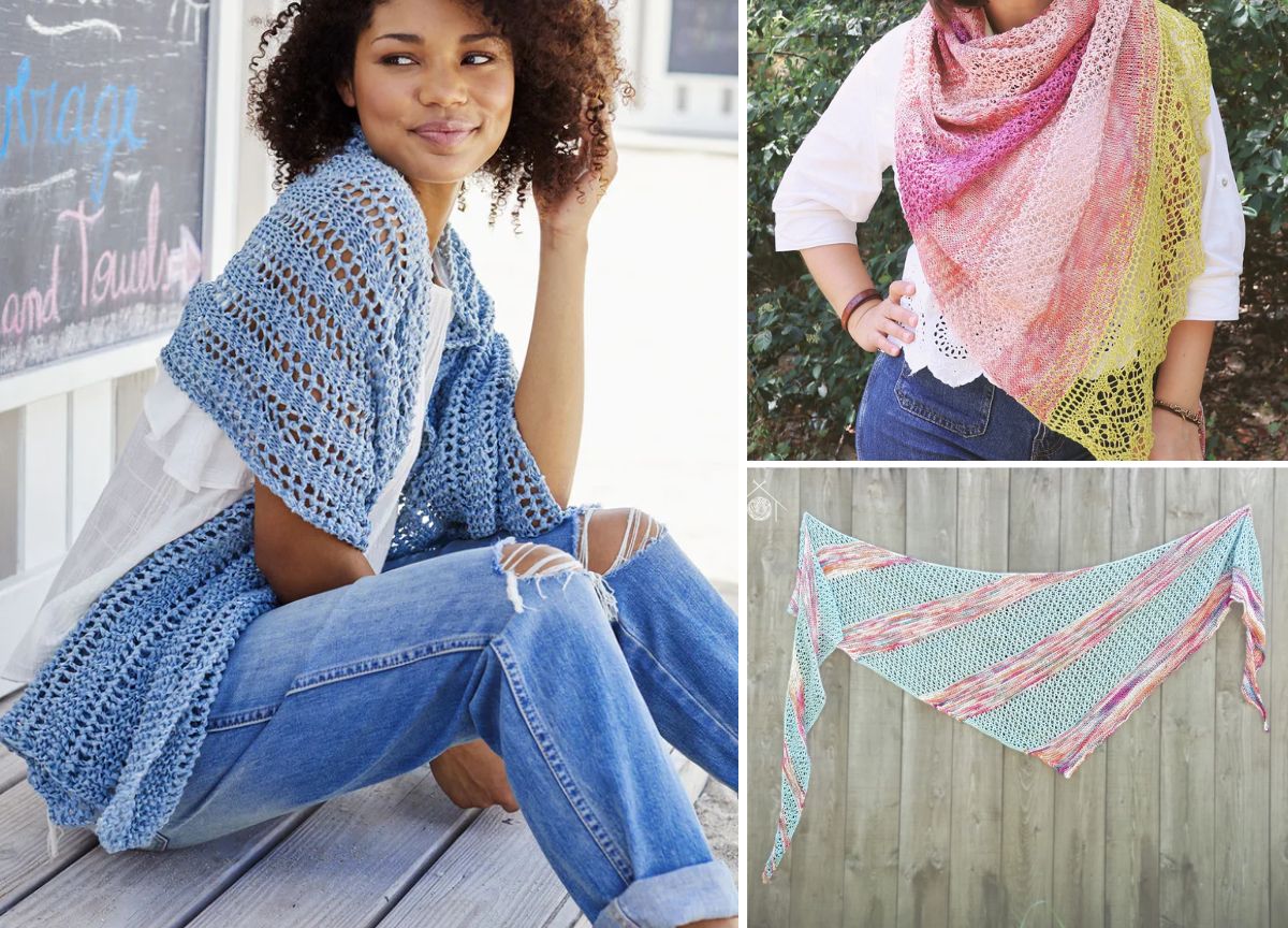 Three knit shawls in different styles and colors are shown: a blue open-knit shawl, a pink and yellow gradient shawl, and a striped blue and pink shawl displayed on a fence.