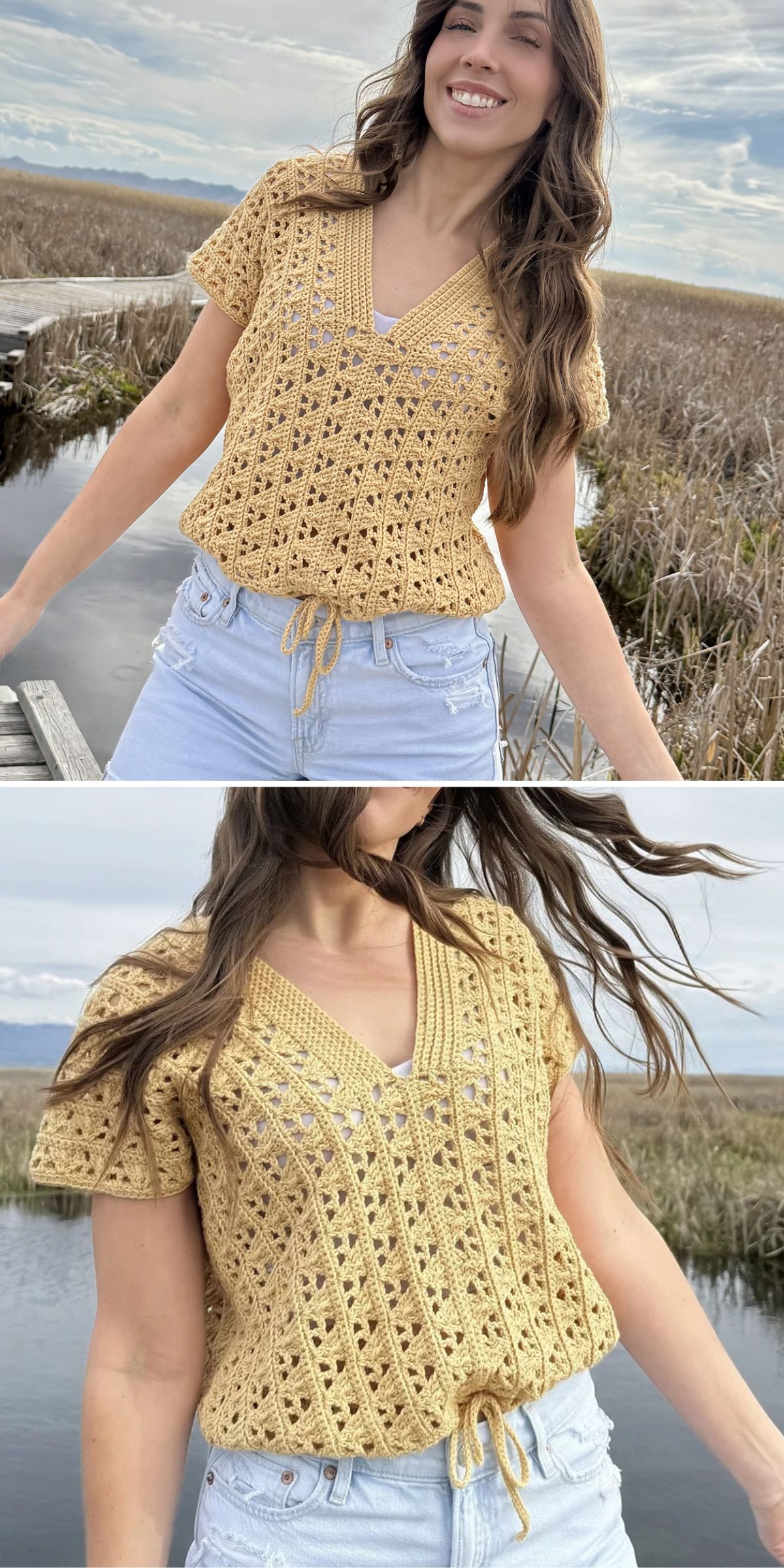 a woman wearing a crochet short-sleeved top in a light yellow shade and featuring a drawstring waist