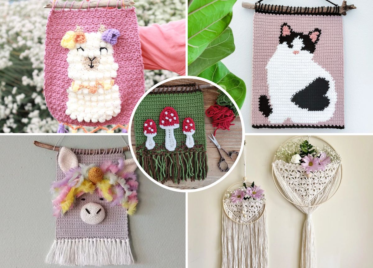 A collage of five crochet wall hangings: a llama, a cat, mushrooms, a sheep with feathers, and two floral-accented macramé designs.