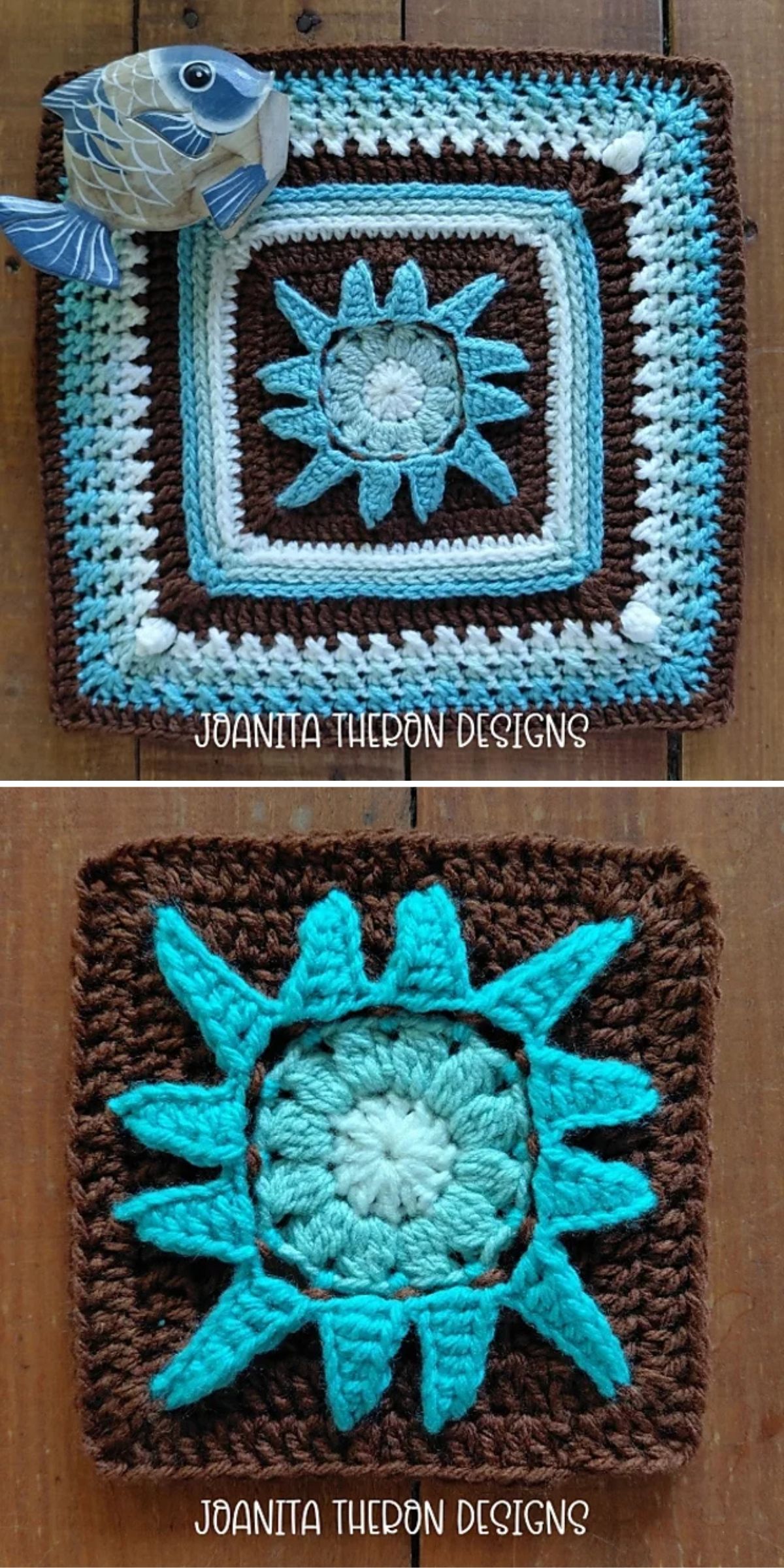 a crochet granny square with a flower motif in the middle in blue and brown