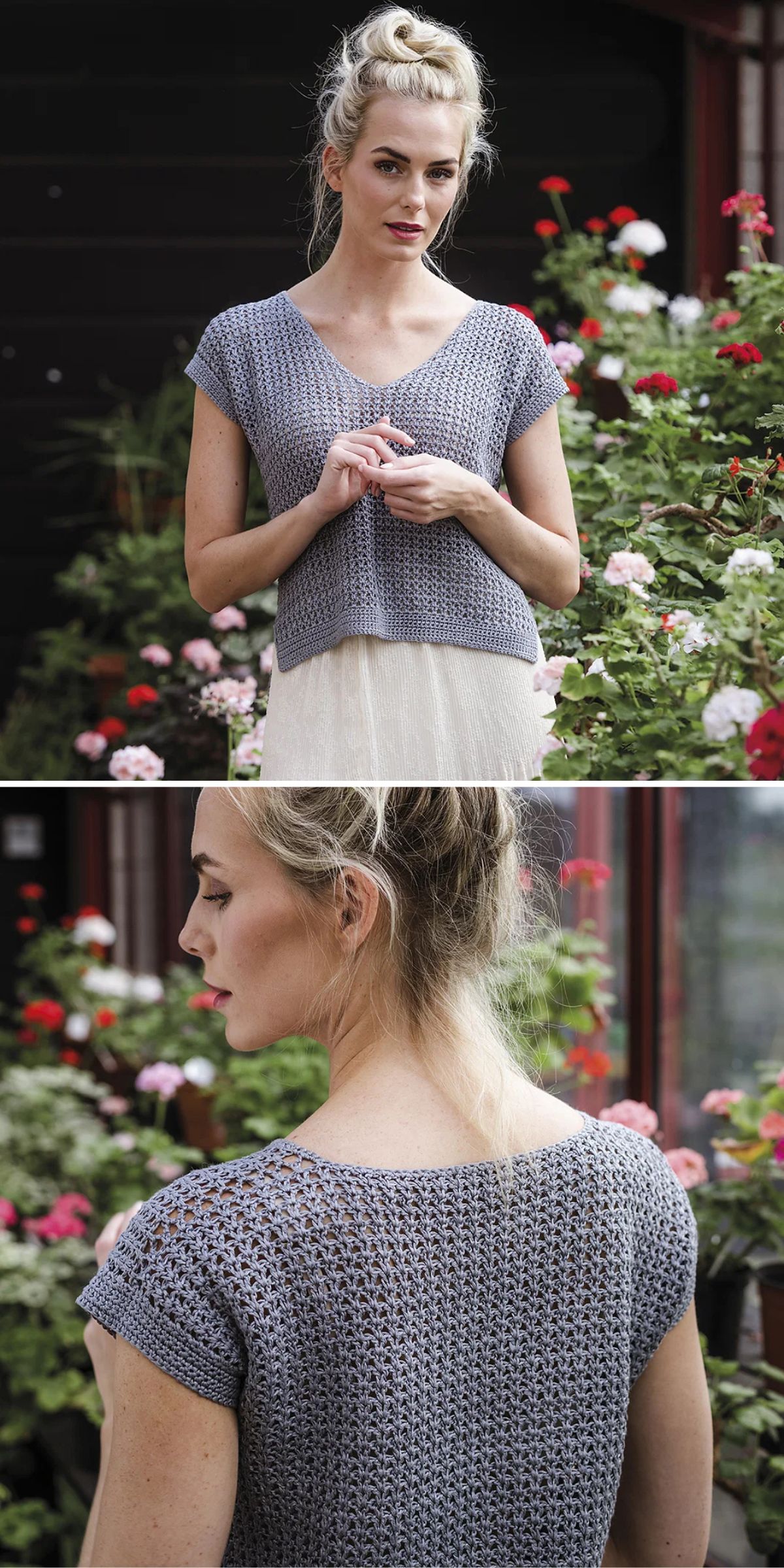 a woman dressed in a basic grey crochet top with short sleeves