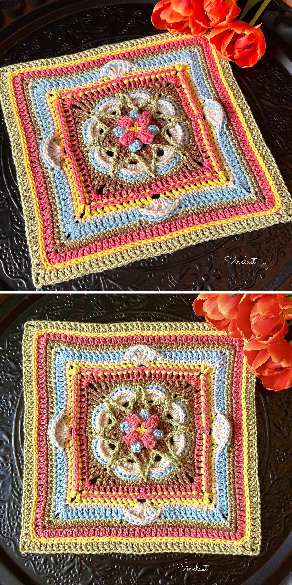 a vibrant crochet square with a detailed flower motif in the center