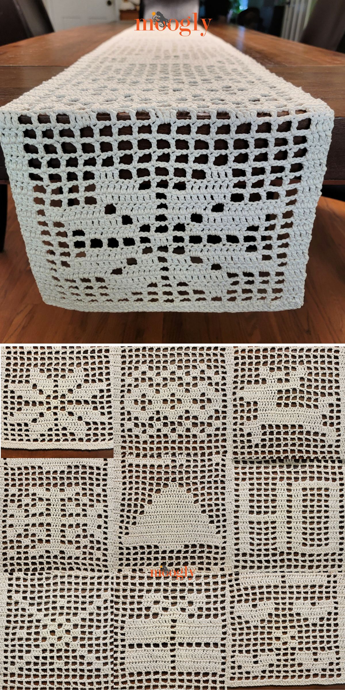 A crocheted table runner with geometric and house motifs, draped over a dark wooden table, shown from the side and top views.