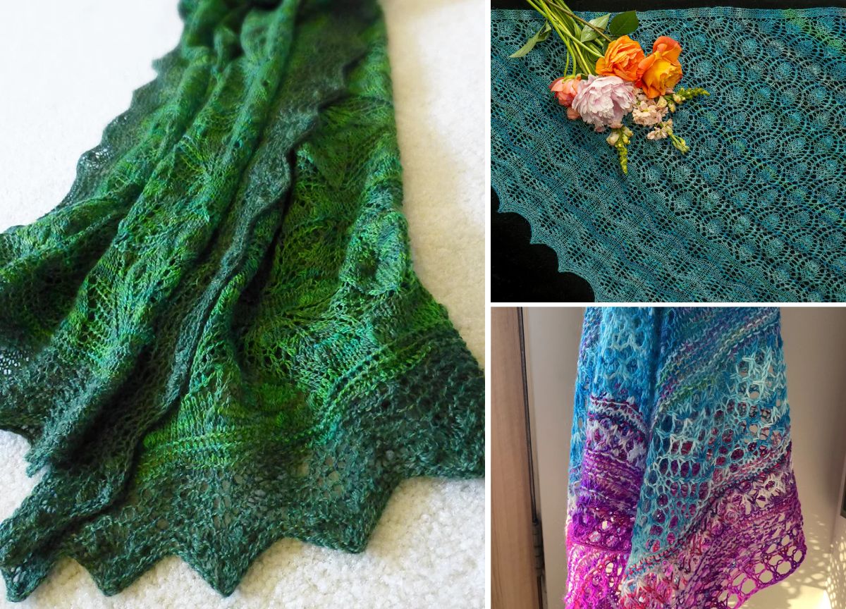 Three hand-knitted lace shawls are displayed: one green on a light surface, one blue with flowers, and one in blue to purple gradient hanging vertically.