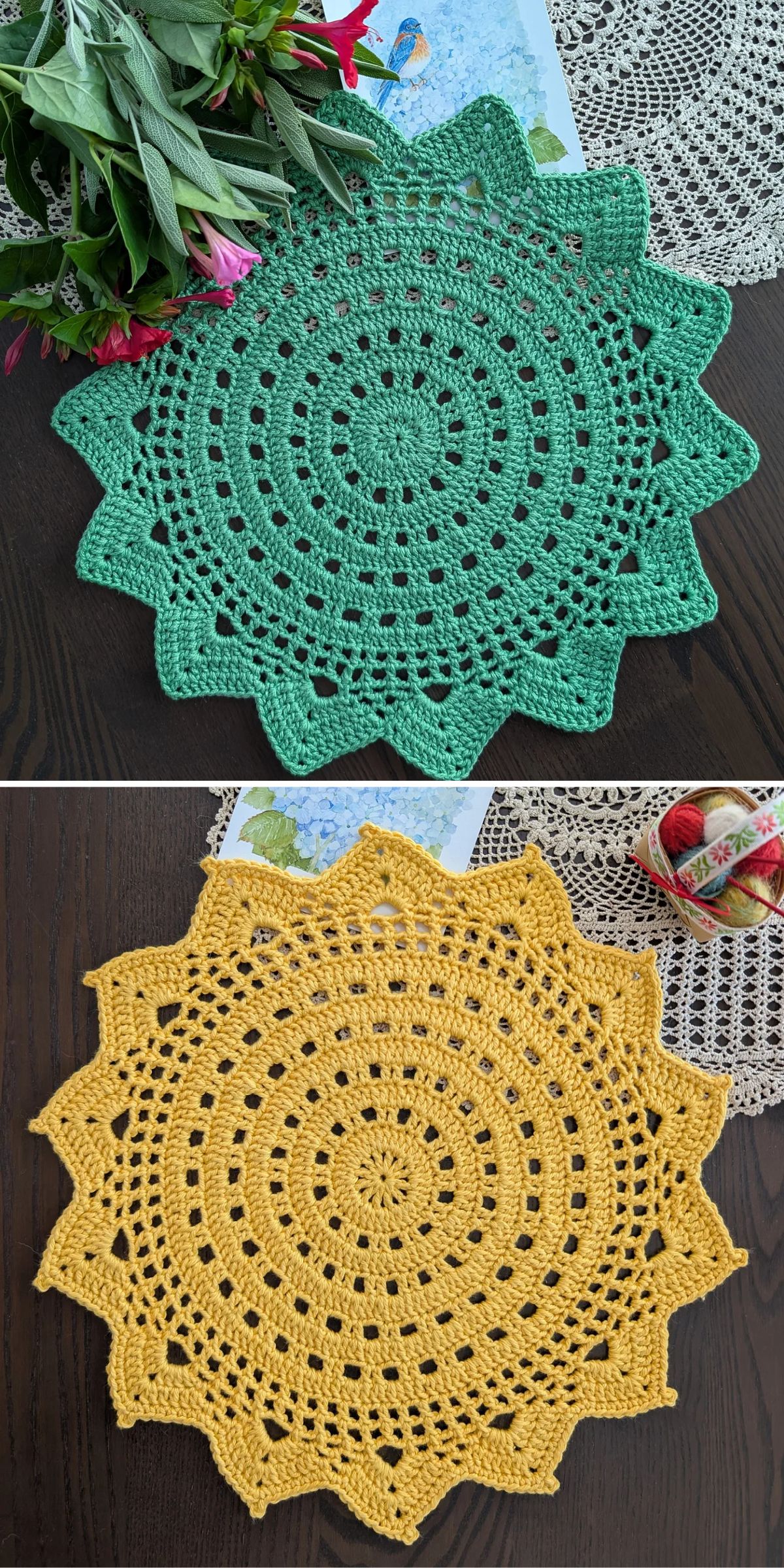 Two round, intricately crocheted doilies—one green and one yellow—are displayed on a dark table with flowers and other decorative items nearby.