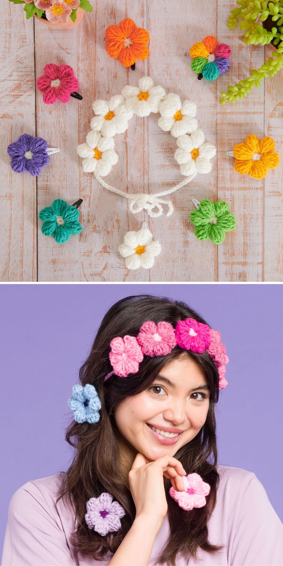 Two images: crocheted flower hair clips and a matching band arranged in a circle, and a smiling woman wearing similar crocheted pink and purple flower accessories in her hair.
