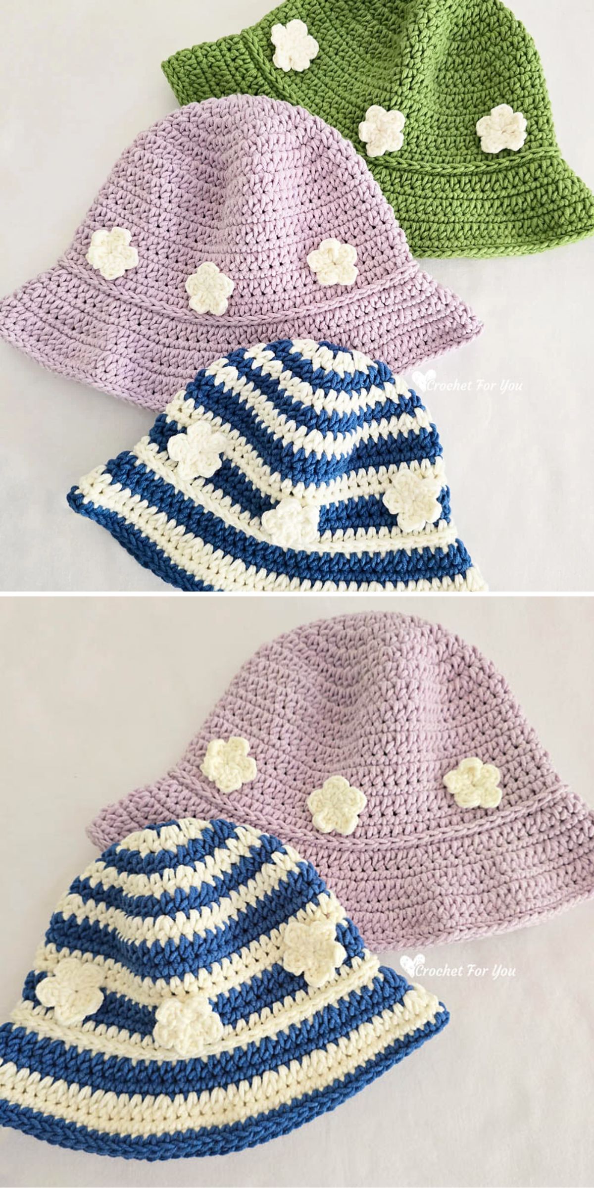 Three crochet hats: one green with white flowers, one lavender with white flowers, and one blue-and-white striped with white flowers, displayed on a white surface.