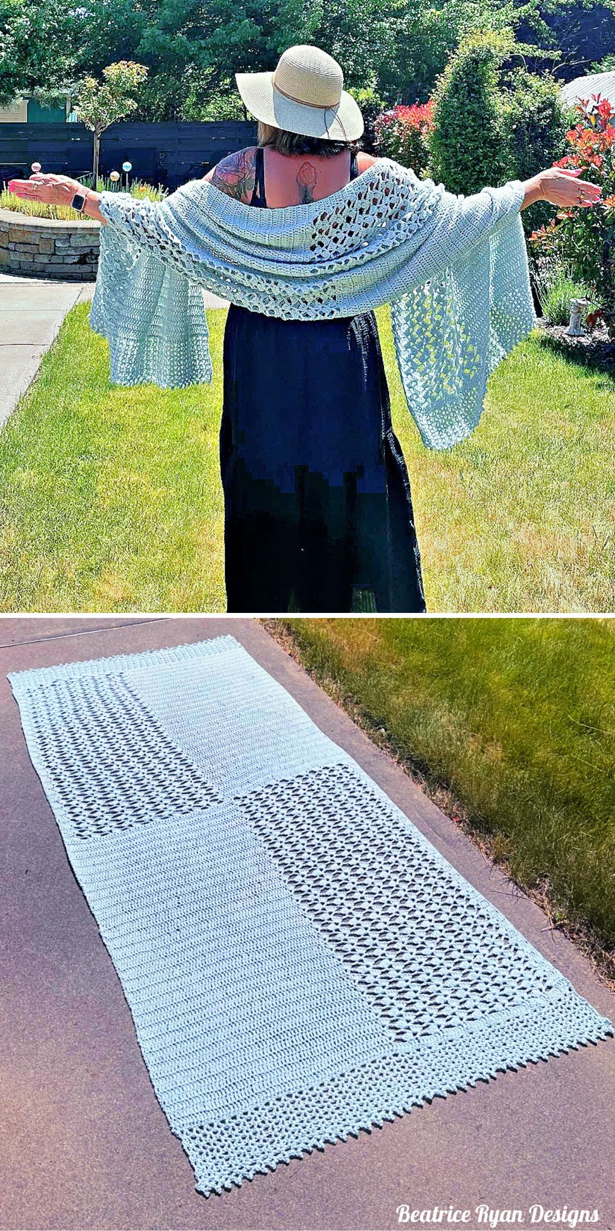 A person models a light blue crocheted wrap outdoors. Below, the same wrap is laid flat on a sidewalk showing its textured pattern.