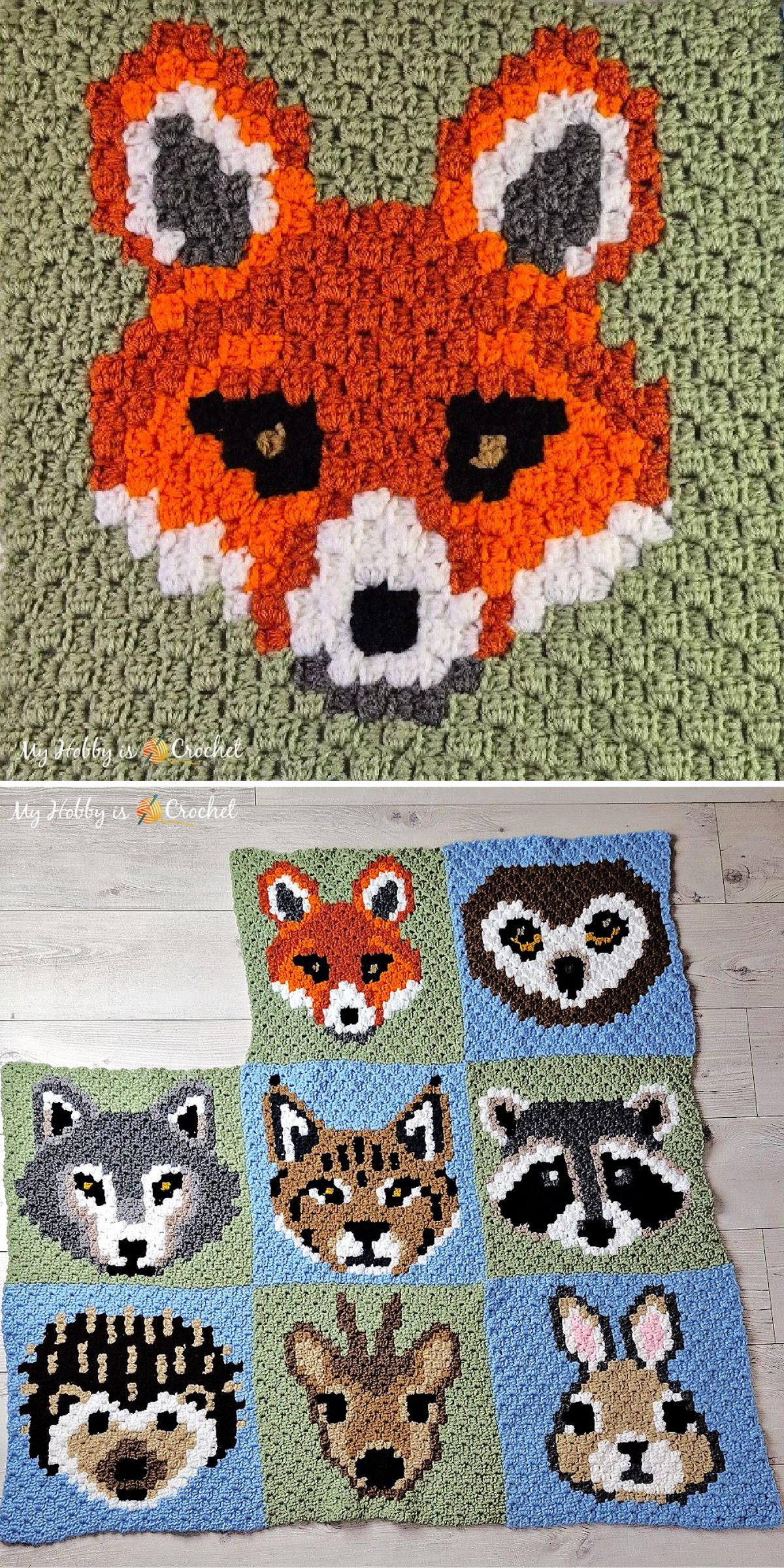A crocheted blanket with animal faces, including a fox, owl, raccoon, bear, deer, rabbit, hedgehog, lynx, and wolf, each in its own square, laid out on a wooden floor.