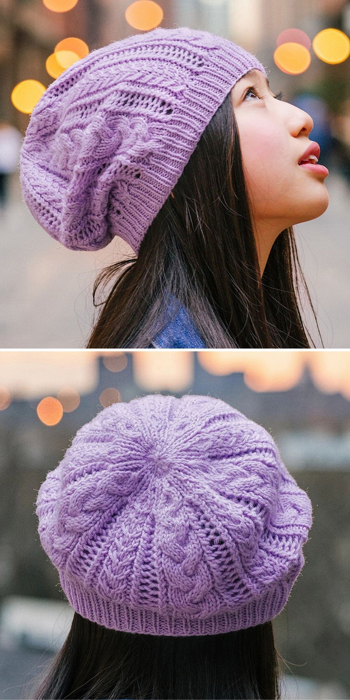 A person wearing a light purple, cable-knit beanie is shown in two images: a side profile looking up and a back view displaying the hat’s pattern.