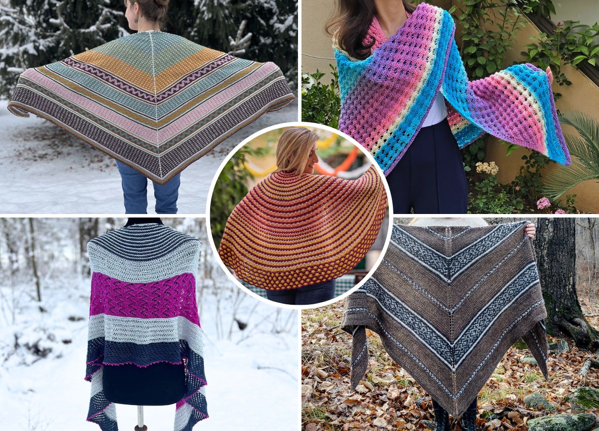 Collage of five people outdoors wearing different hand-knitted shawls in various patterns and colors, with one circular central photo and four surrounding rectangular images.