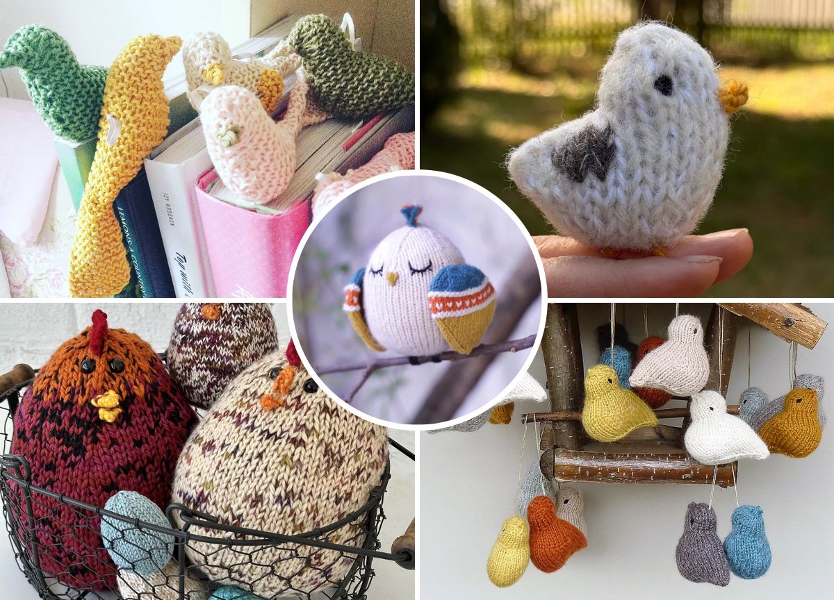 Collage of various hand-knitted birds in different colors and sizes, displayed on books, in a basket, being held, and hanging from a wooden feeder.