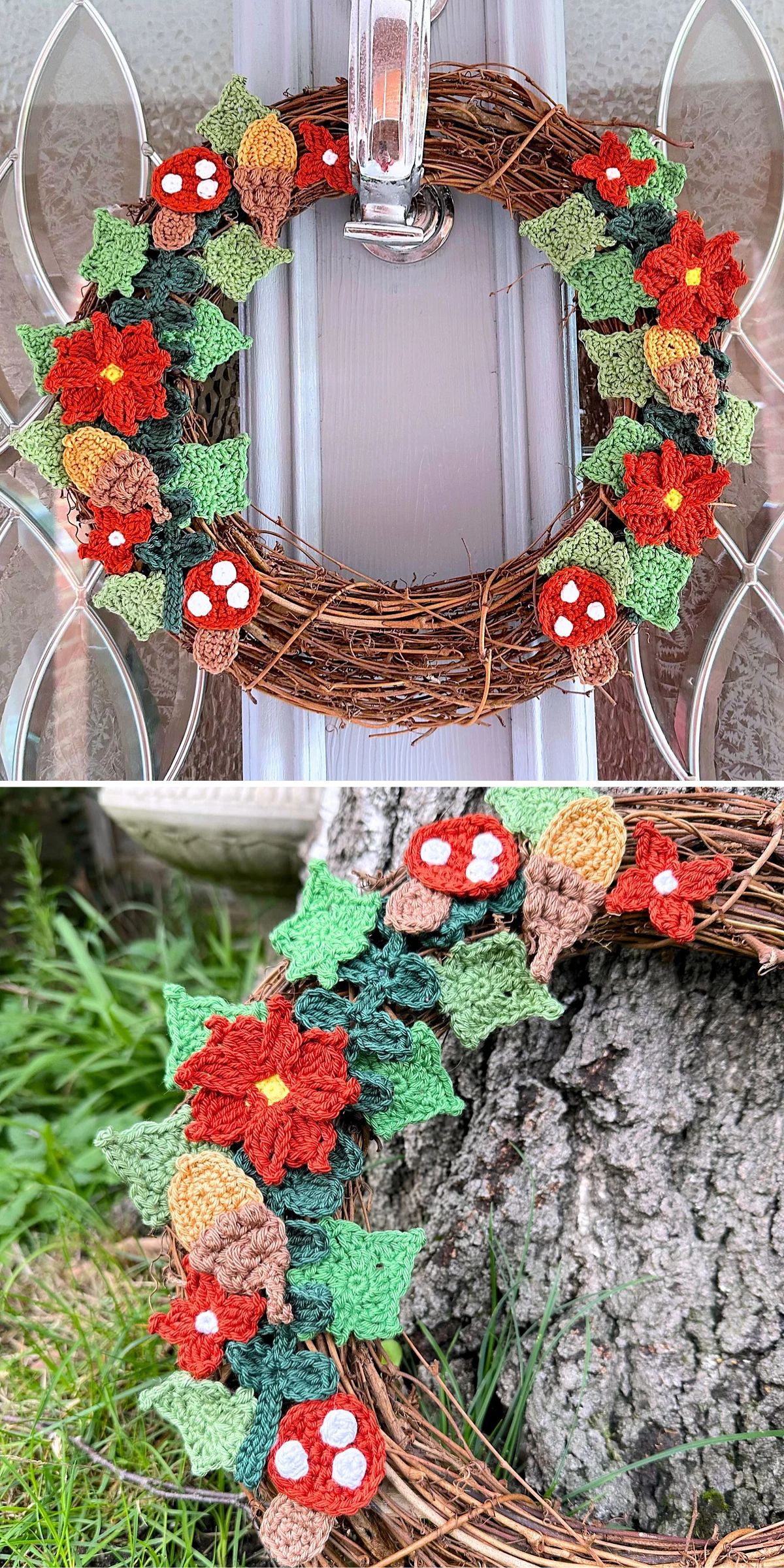 Brown grapevine wreath decorated with crocheted red flowers, green leaves, brown acorns, and red mushrooms with white spots, shown hanging on a door and resting against a tree.