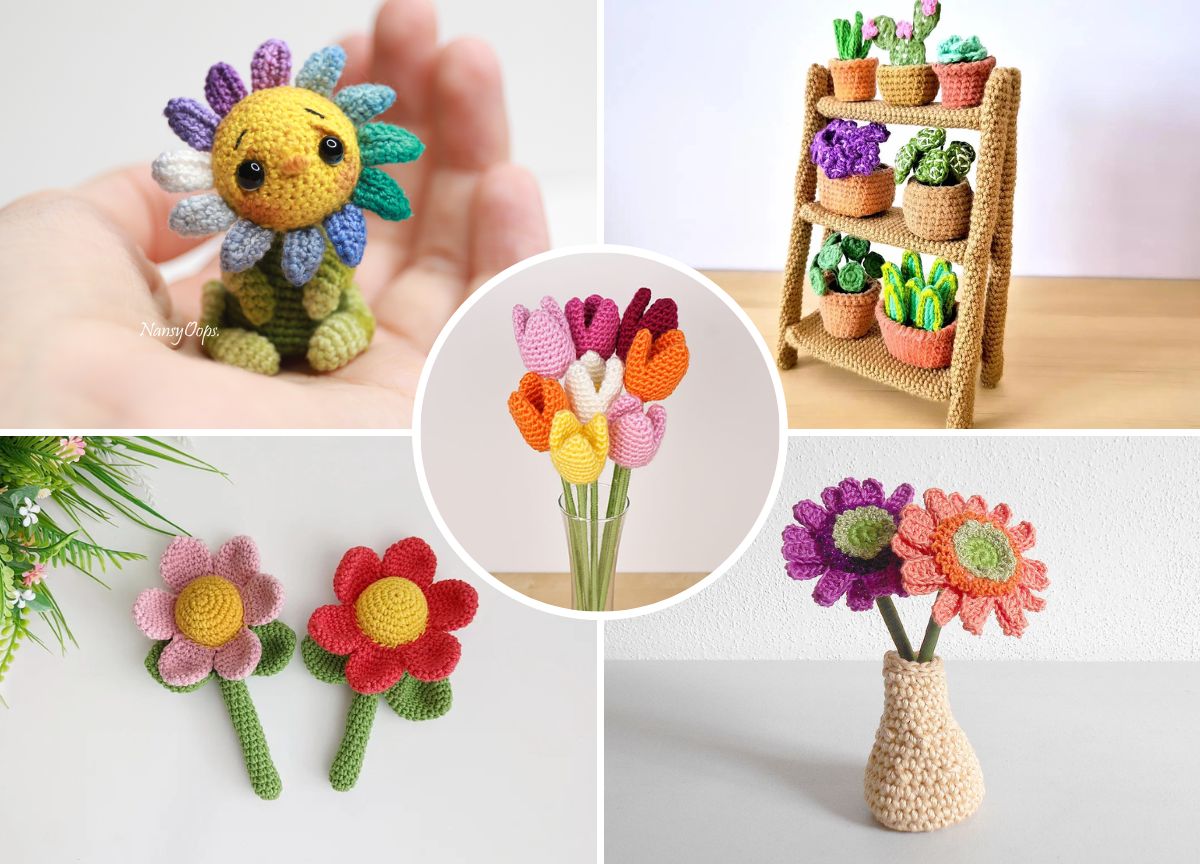 Collage of five crochet flower arrangements, including a rainbow flower toy, cacti on shelves, two flat flowers, a bouquet in a vase, and colorful blooms in a glass.