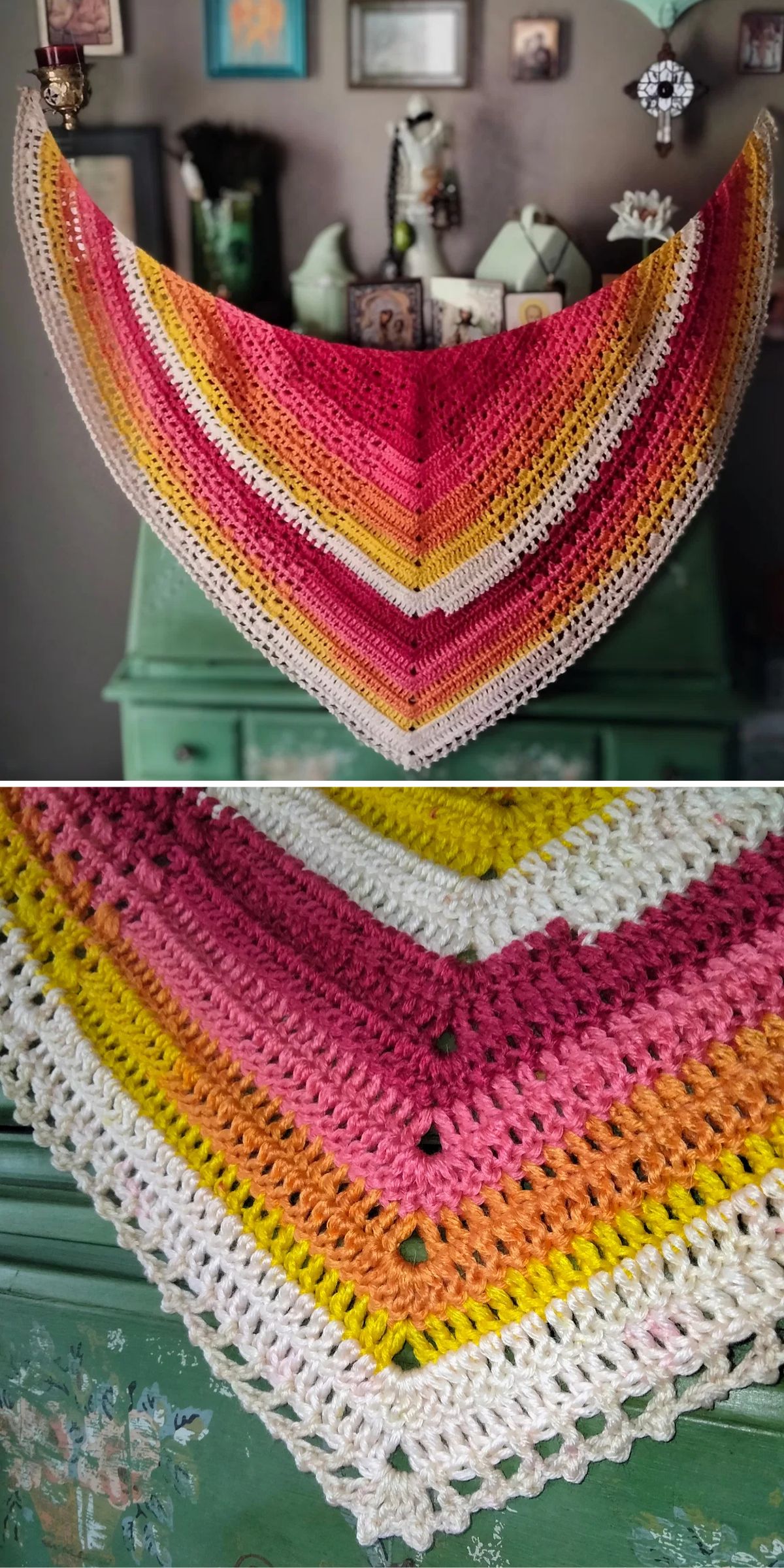 A crocheted triangular shawl with stripes in yellow, pink, orange, and white, displayed on a green dresser. Close-up shows the detailed stitch pattern and color transitions.