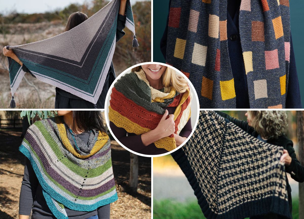 Five different knitted shawls in various colors, patterns, and textures are displayed, including stripes, color blocks, chevrons, lace, and houndstooth designs.