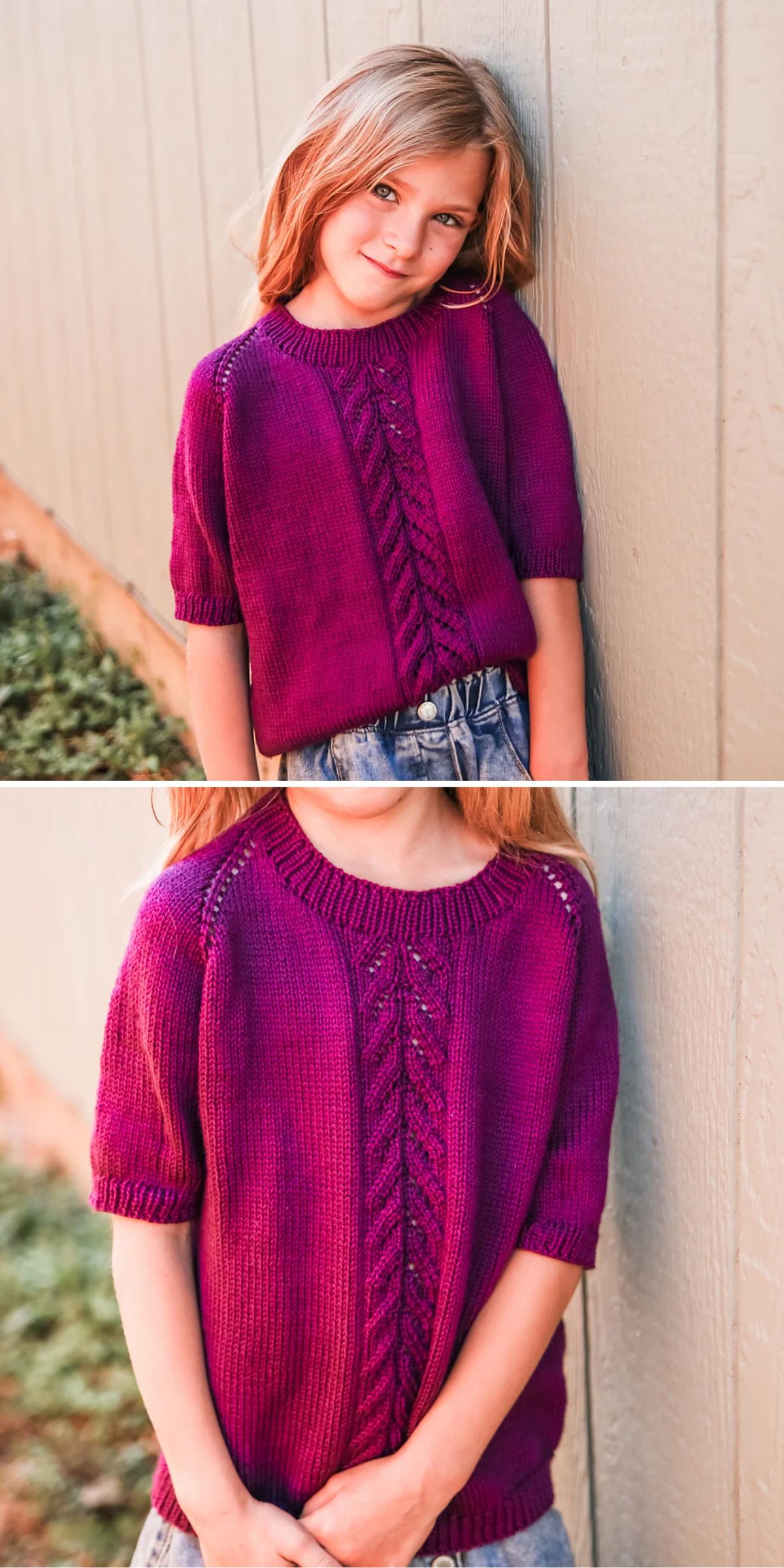 A young girl stands against a wall, wearing a purple knitted sweater with a central cable pattern, paired with denim shorts.