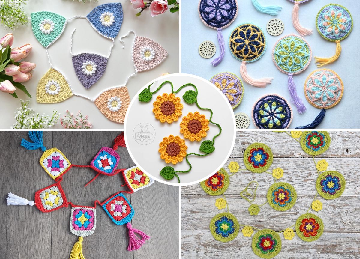 Four photos of crocheted garlands in various shapes, such as triangles, circles, squares, and sunflowers, displayed on different backgrounds.