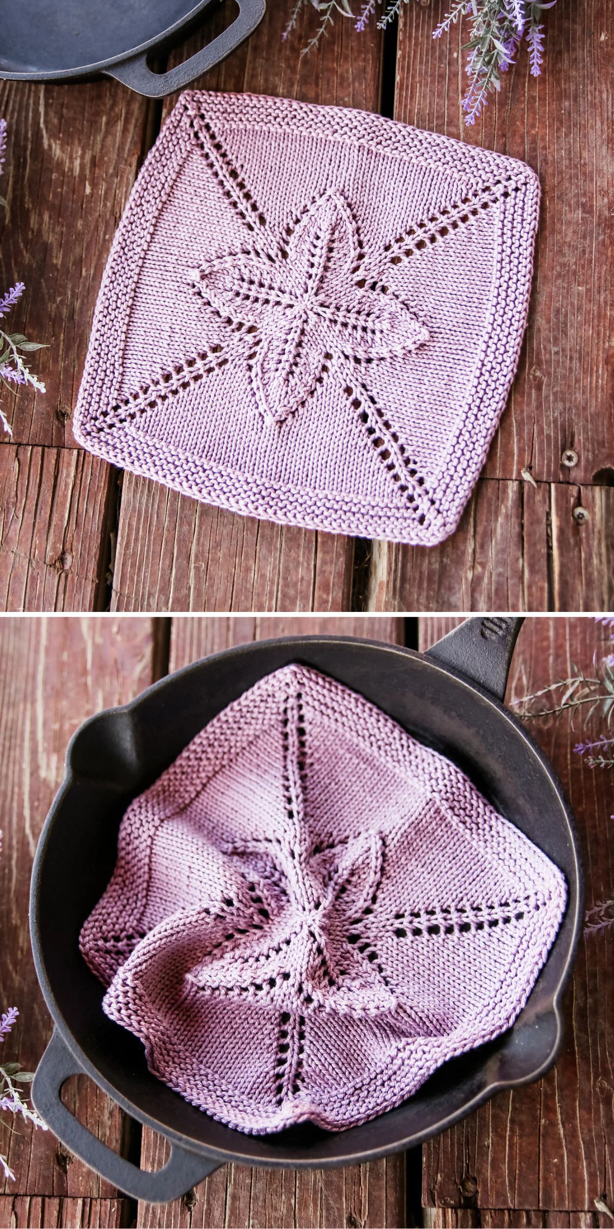 A lavender knit square with a leaf pattern is shown flat on wood and draped inside a black cast iron skillet.