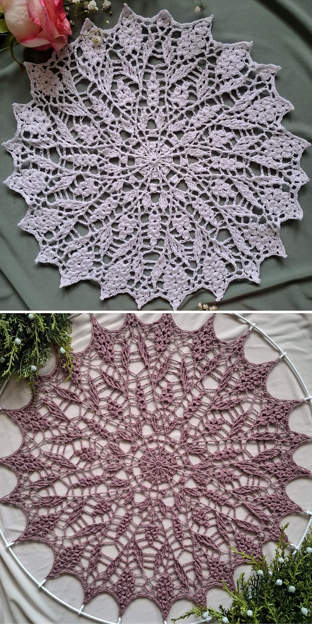 Two round, intricately crocheted lace doilies, one in white and one in mauve, each with a starburst pattern, displayed on different backgrounds with plants nearby.