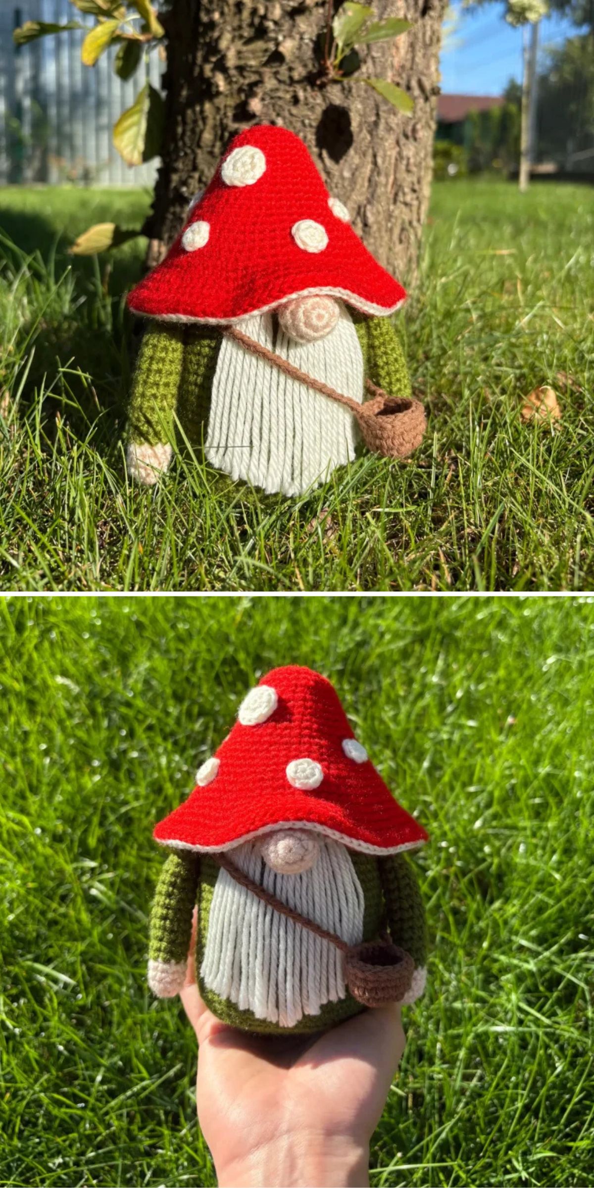 A knitted gnome doll with a red, white-spotted mushroom hat and green sleeves is shown standing on grass and being held in a hand.