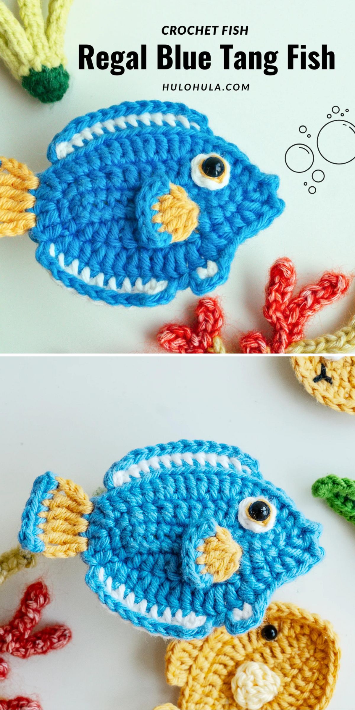 Two crocheted blue tang fish with white stripes and yellow fins are shown on a white background, surrounded by crocheted coral and other sea creatures.