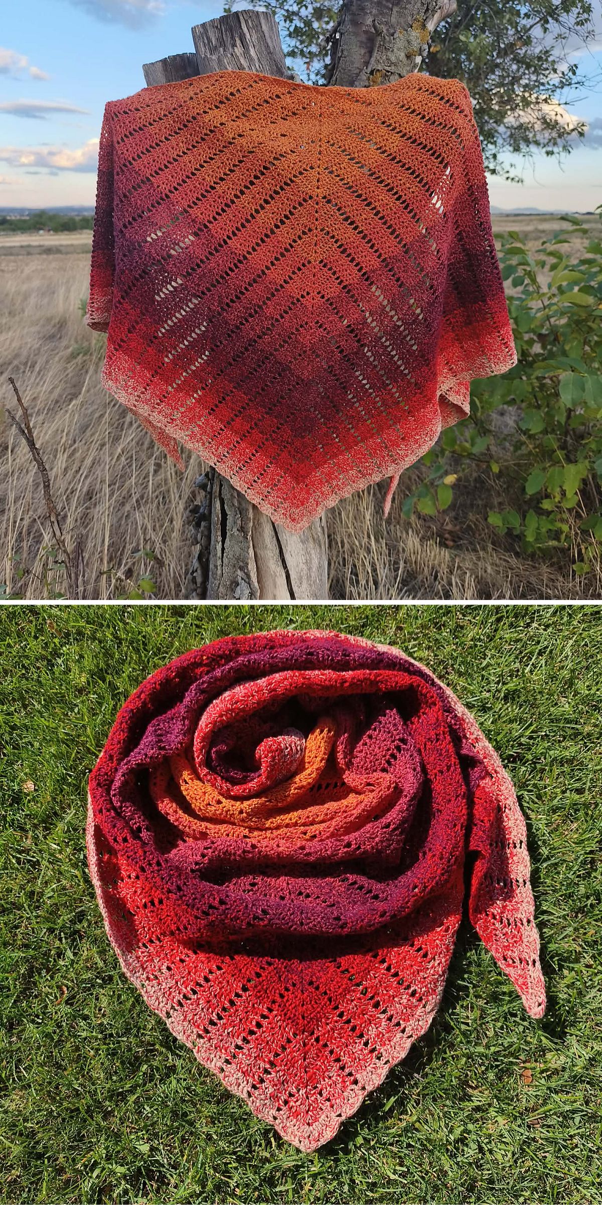 A red and orange crochet shawl is draped over a tree stump in a field; the same shawl is shown rolled up on grass in the second image.