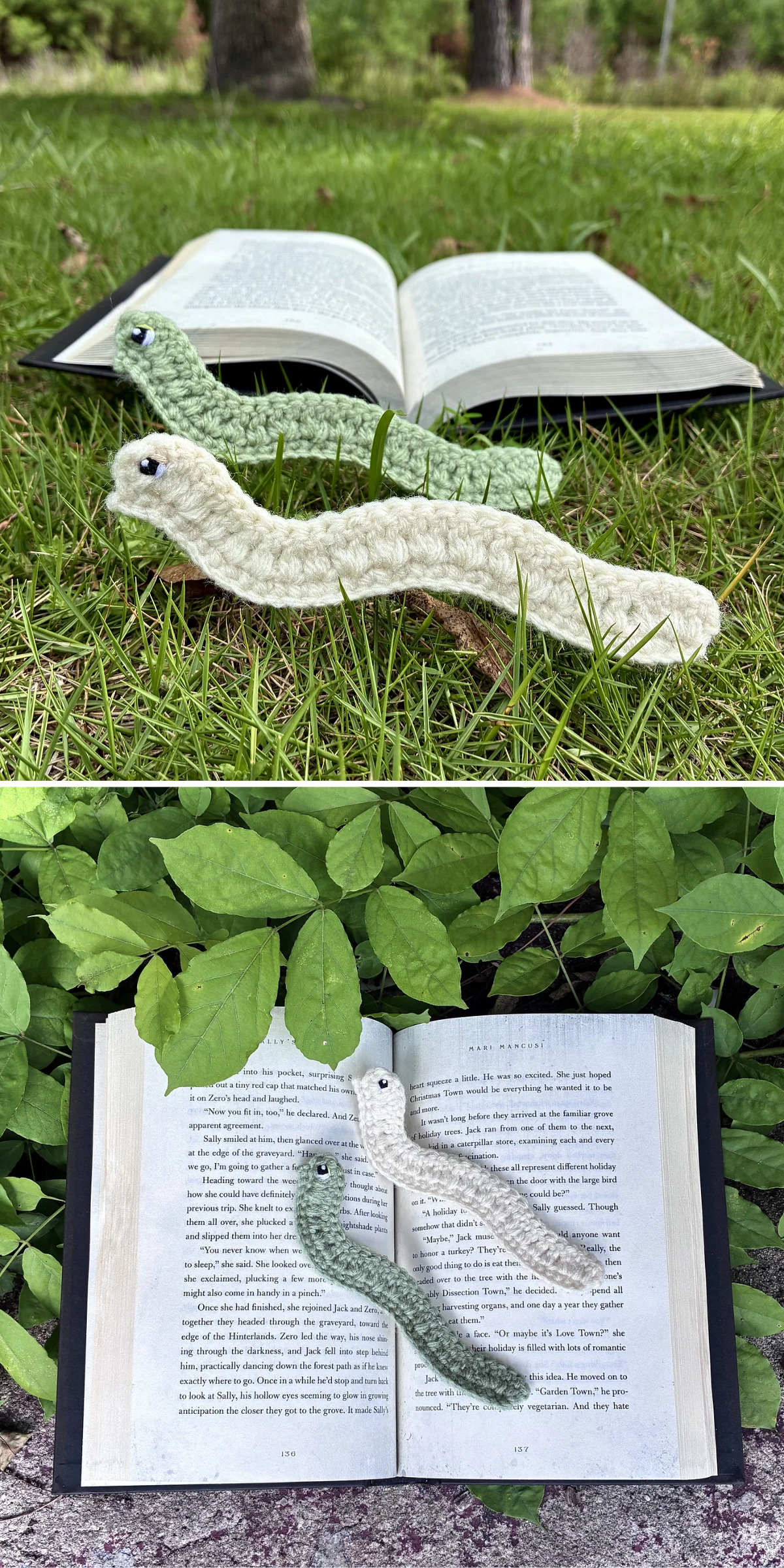 Two crocheted snake bookmarks are shown on open books, one photo on grass and one surrounded by green leaves.