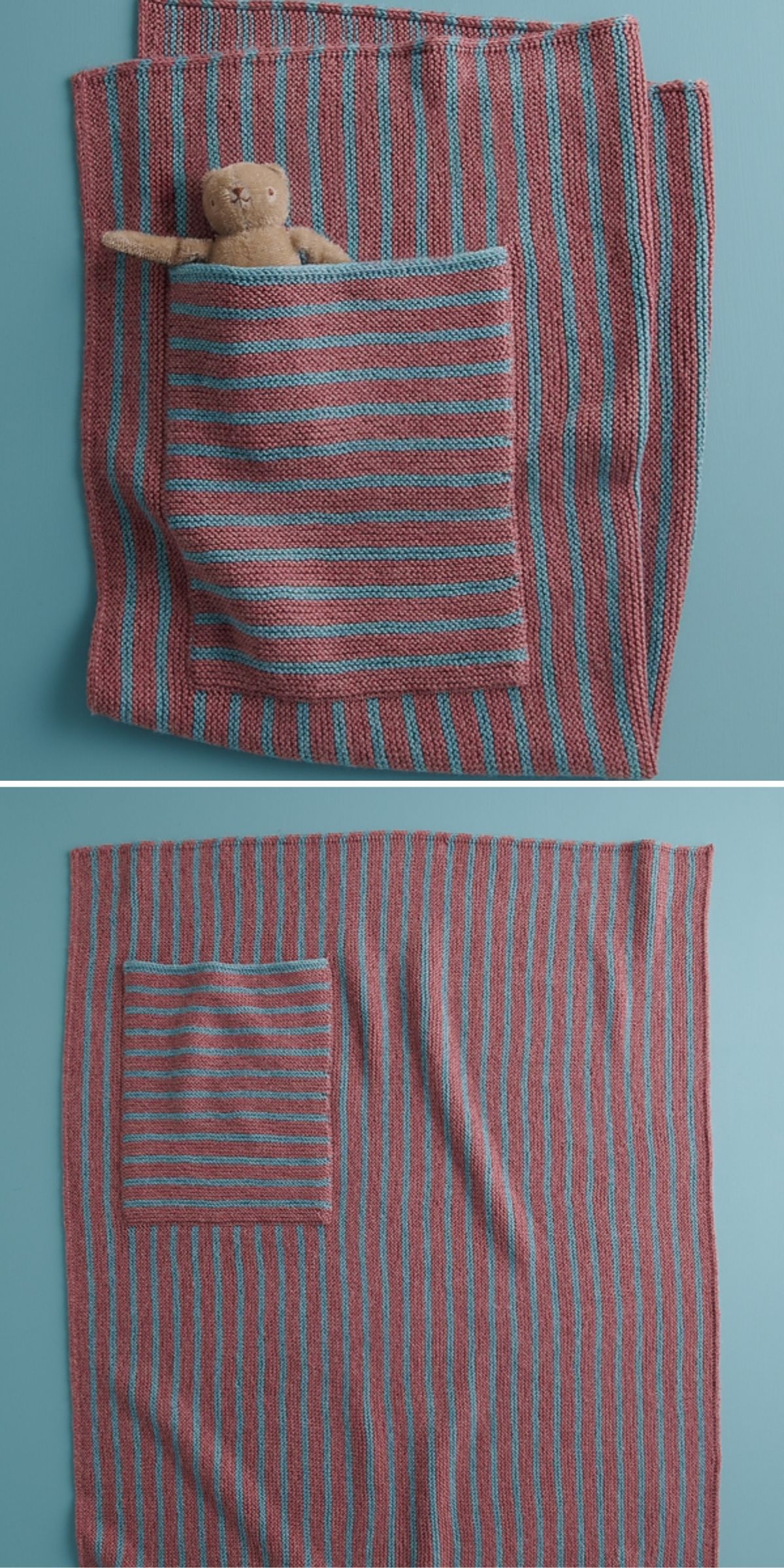 Two images of a striped blanket with a large pocket. The first shows a small toy bear in the pocket. The second shows the blanket laid flat, highlighting the pocket’s placement.