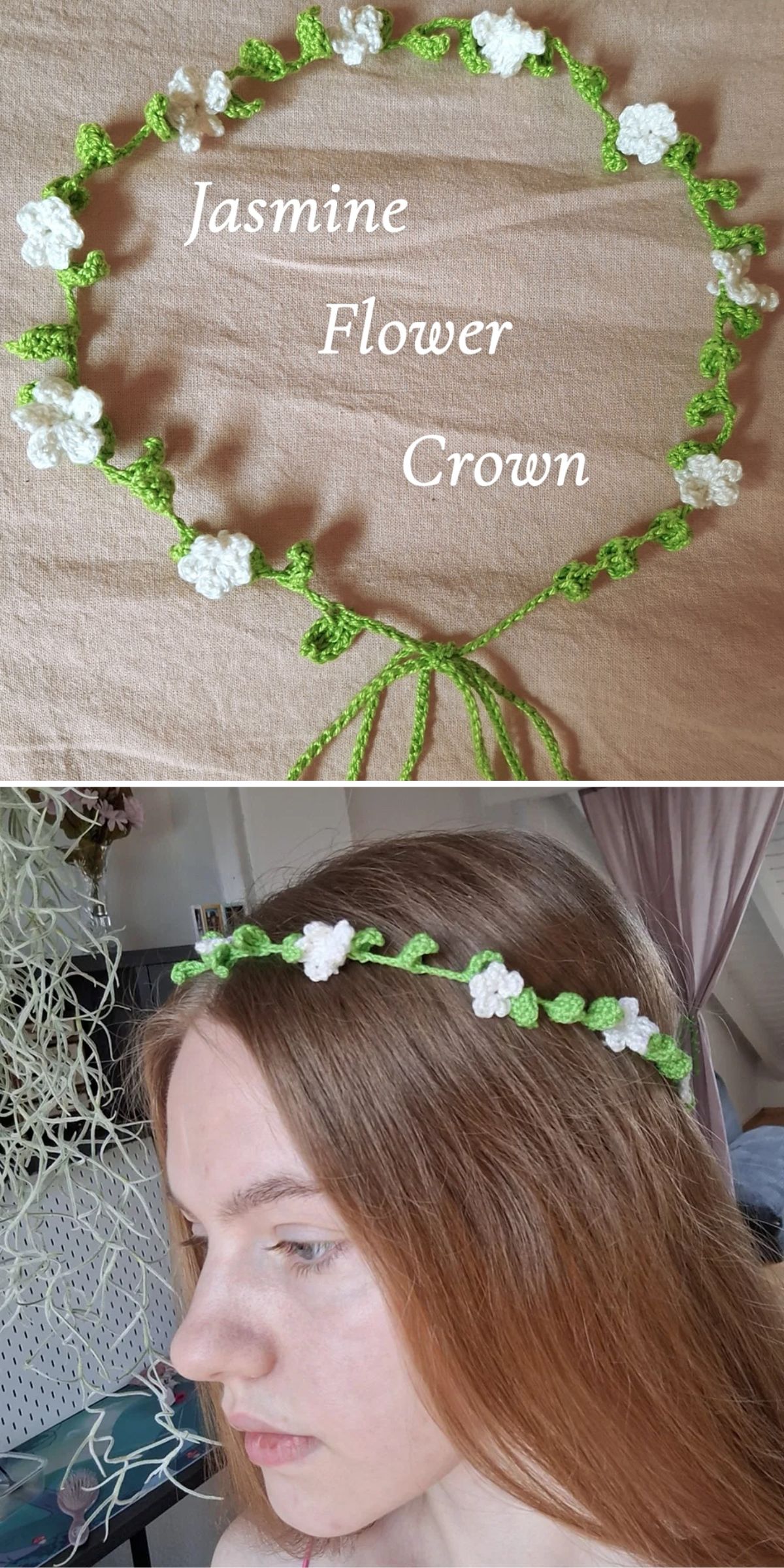 A green and white crochet jasmine flower crown is shown in detail and worn by a person with long light brown hair.