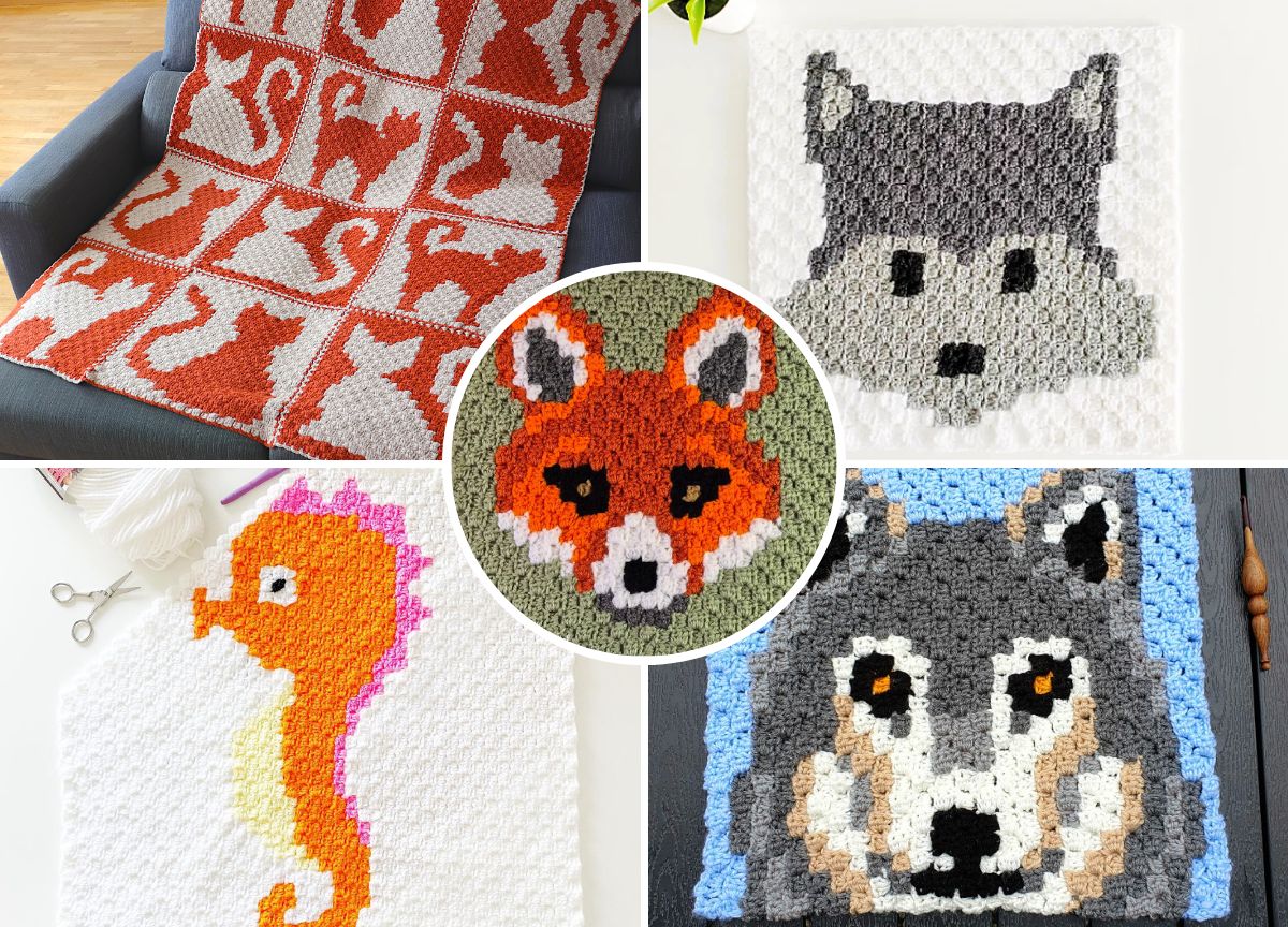 A collage of crocheted animal blankets and squares, including a fox, wolf, and seahorse, displayed on flat surfaces and a sofa.