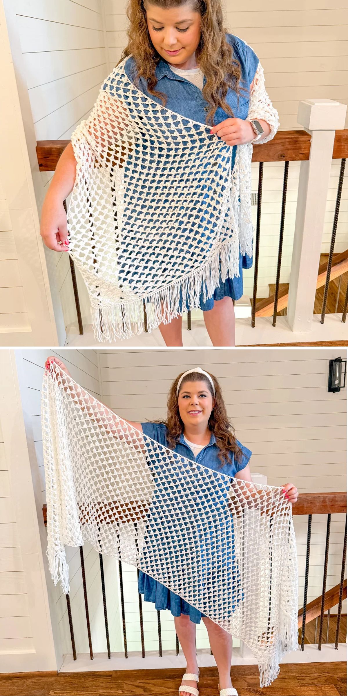A woman wearing a blue dress displays a large, white, crocheted shawl with fringe in two different poses indoors.