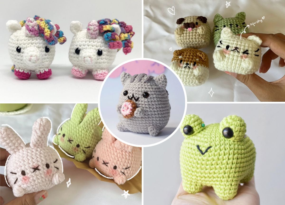Collage of crocheted animal toys, including unicorns, cats, bears, a frog, a bunny, and a gray cat holding a doughnut, all held or placed on neutral backgrounds.