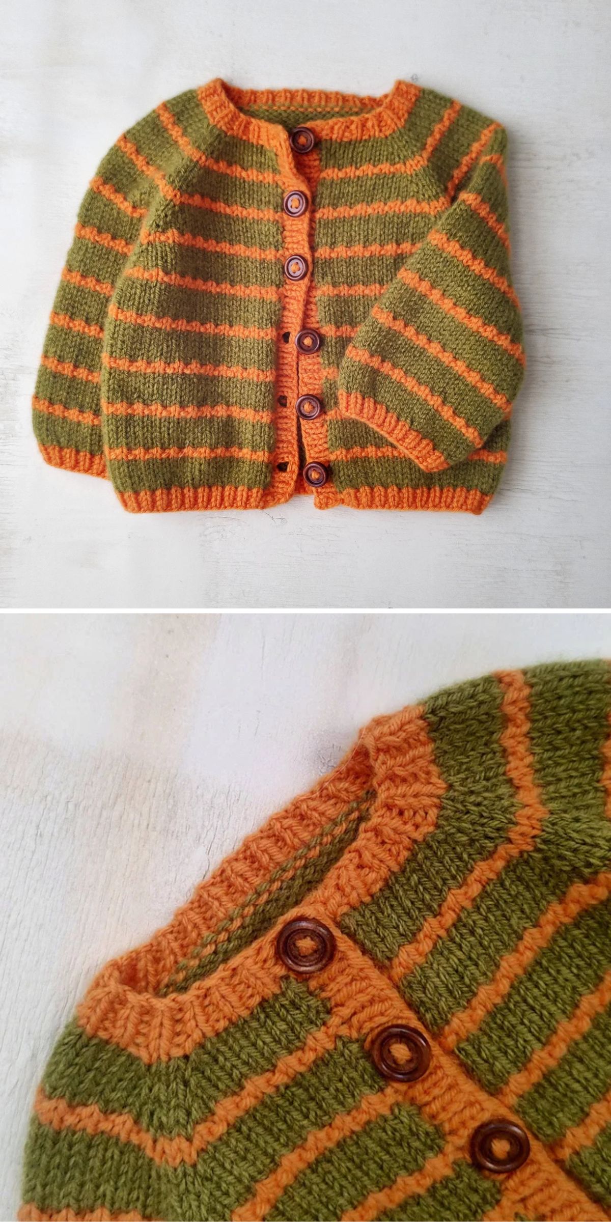 Hand-knitted baby sweater with green and orange stripes, orange trim, and wooden buttons, shown in full view and close-up.