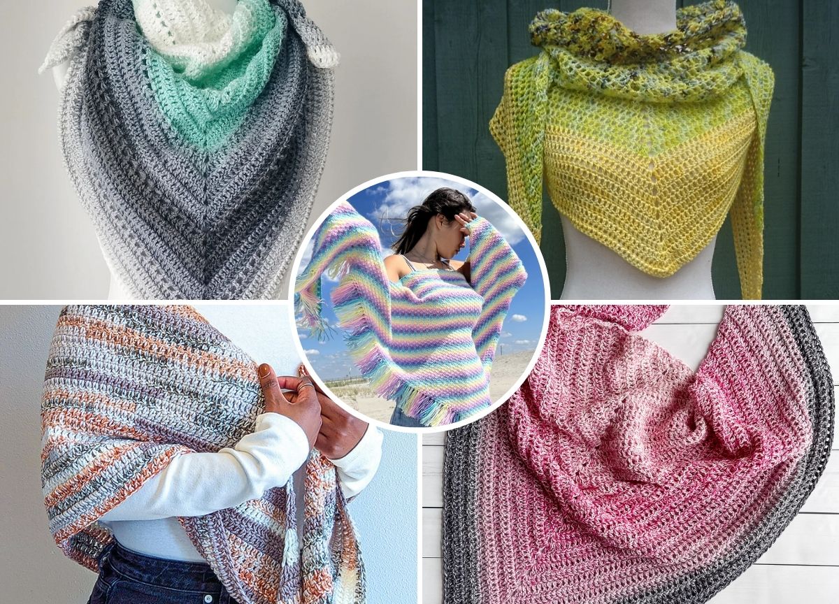 Five crocheted shawls in various colors and patterns are displayed, with four shown on mannequins or a person and one pastel shawl modeled outdoors in the center.