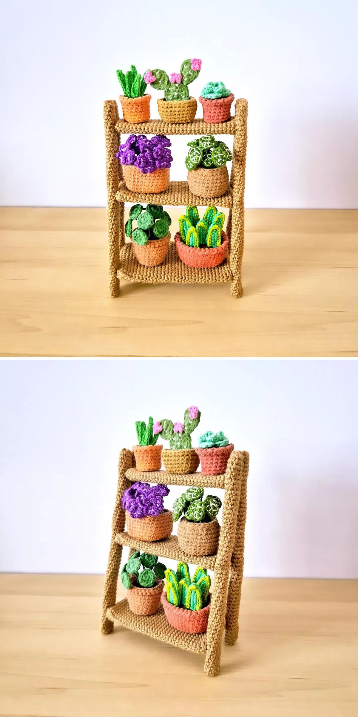 A small, three-tiered shelf holds miniature crochet potted plants, including cacti and succulents, displayed on a light wooden surface against a plain background.
