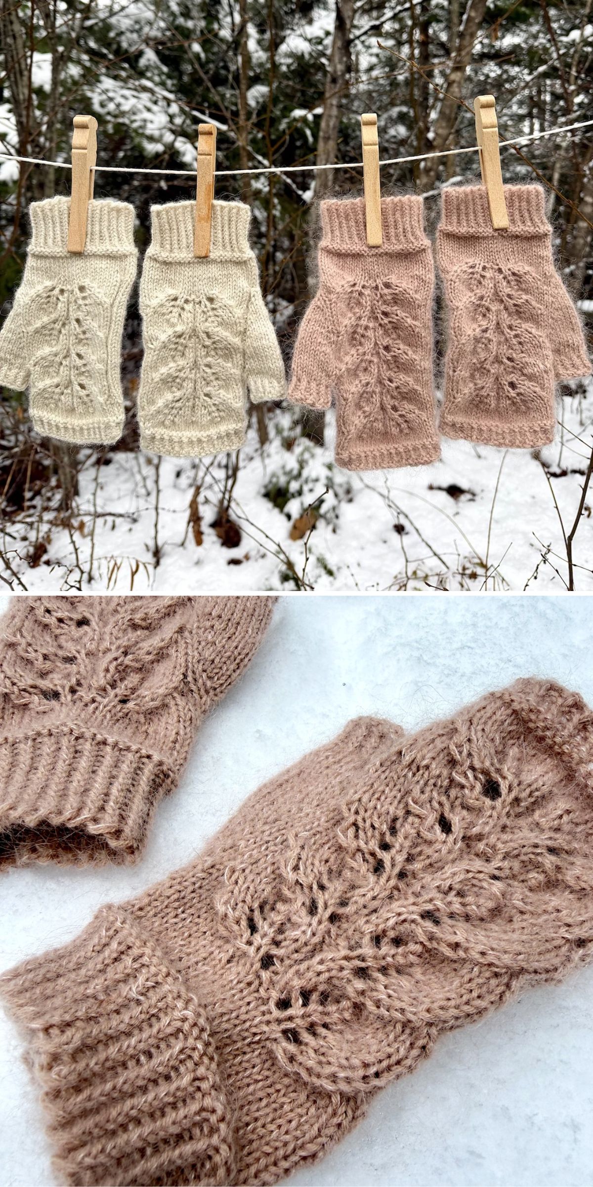 Four knitted fingerless mittens in cream and light brown hang on a clothesline above snow; a closeup shows the pinkish mittens’ lace pattern and texture on white snow.