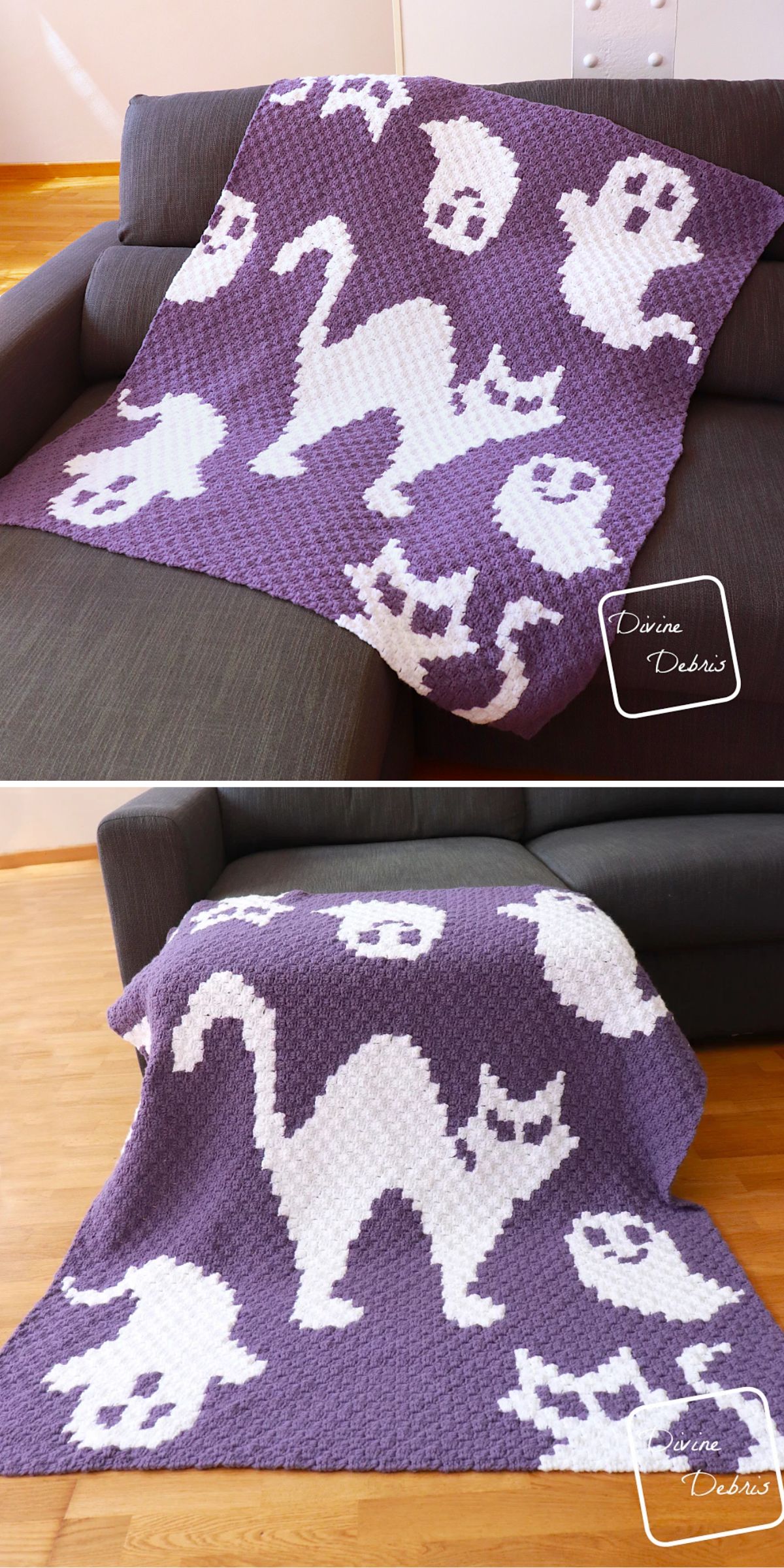 A purple crochet blanket with white cat and ghost patterns is draped over a gray couch.