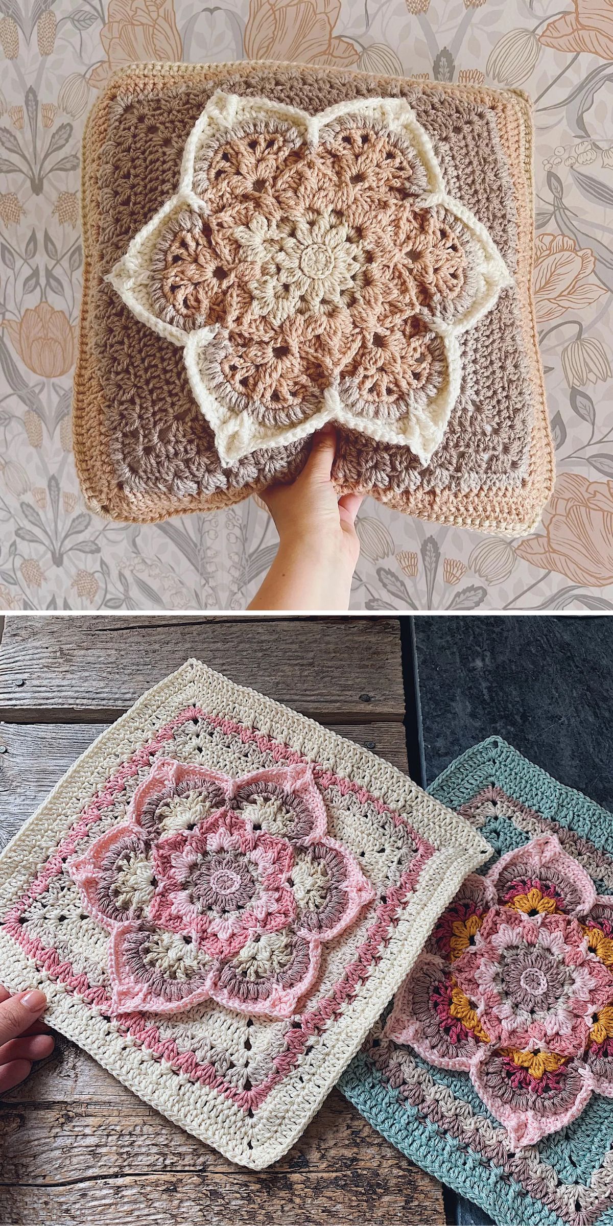 A hand holds a crochet pillow with a floral pattern; below, two crochet squares feature similar intricate floral designs in pink and yellow tones.
