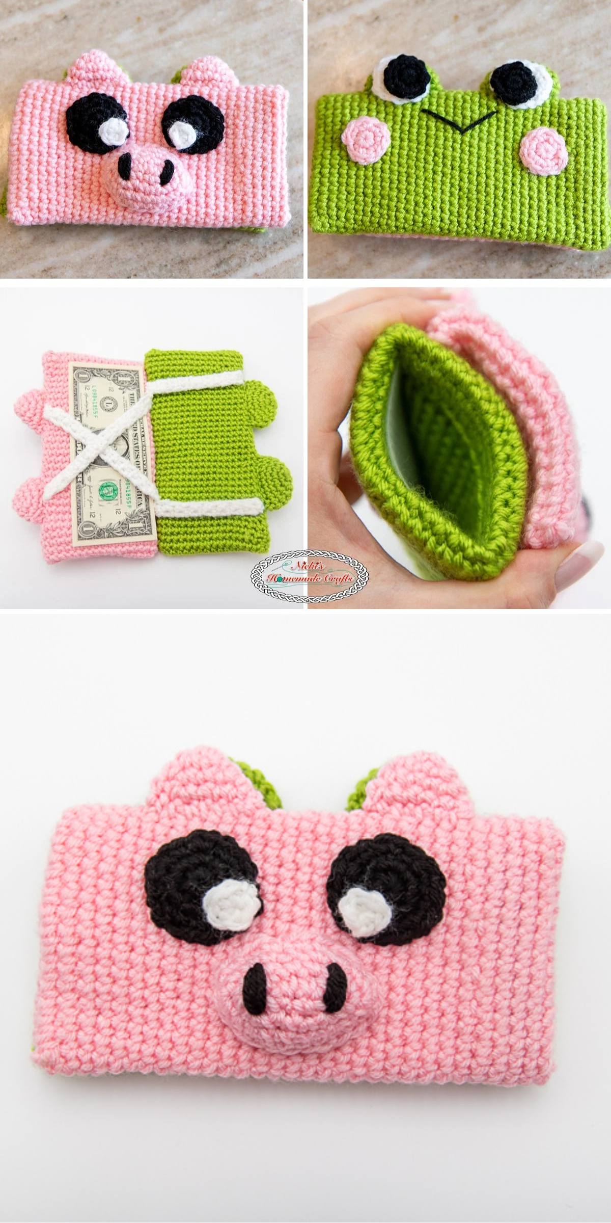 Five images show crocheted animal-shaped wallets: a pink pig and a green frog, including close-ups of the wallets’ interiors and one holding cash.