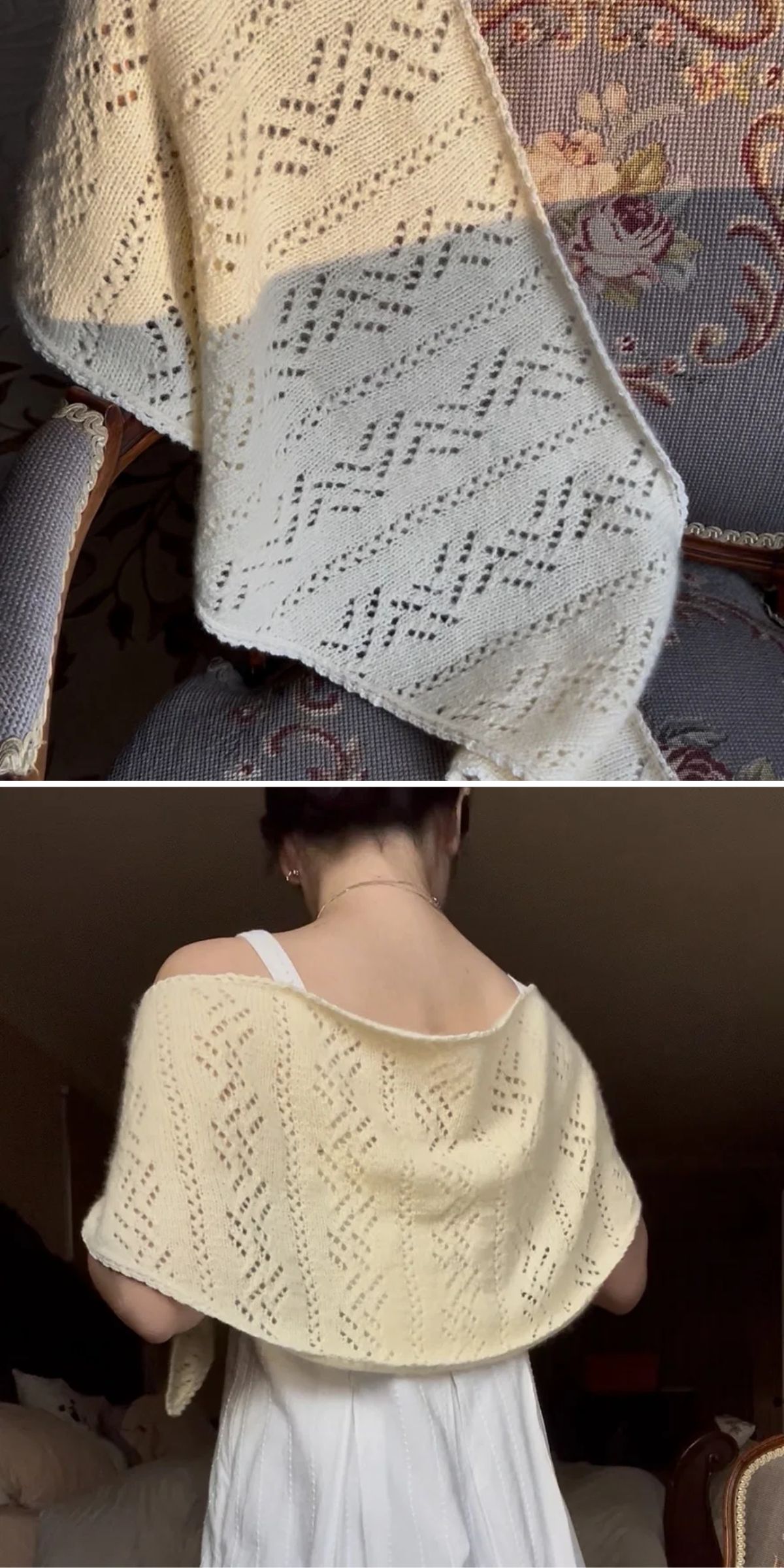 A cream-colored, lace-knit shawl is draped on a chair in the top image and worn over a woman’s shoulders in the bottom image.