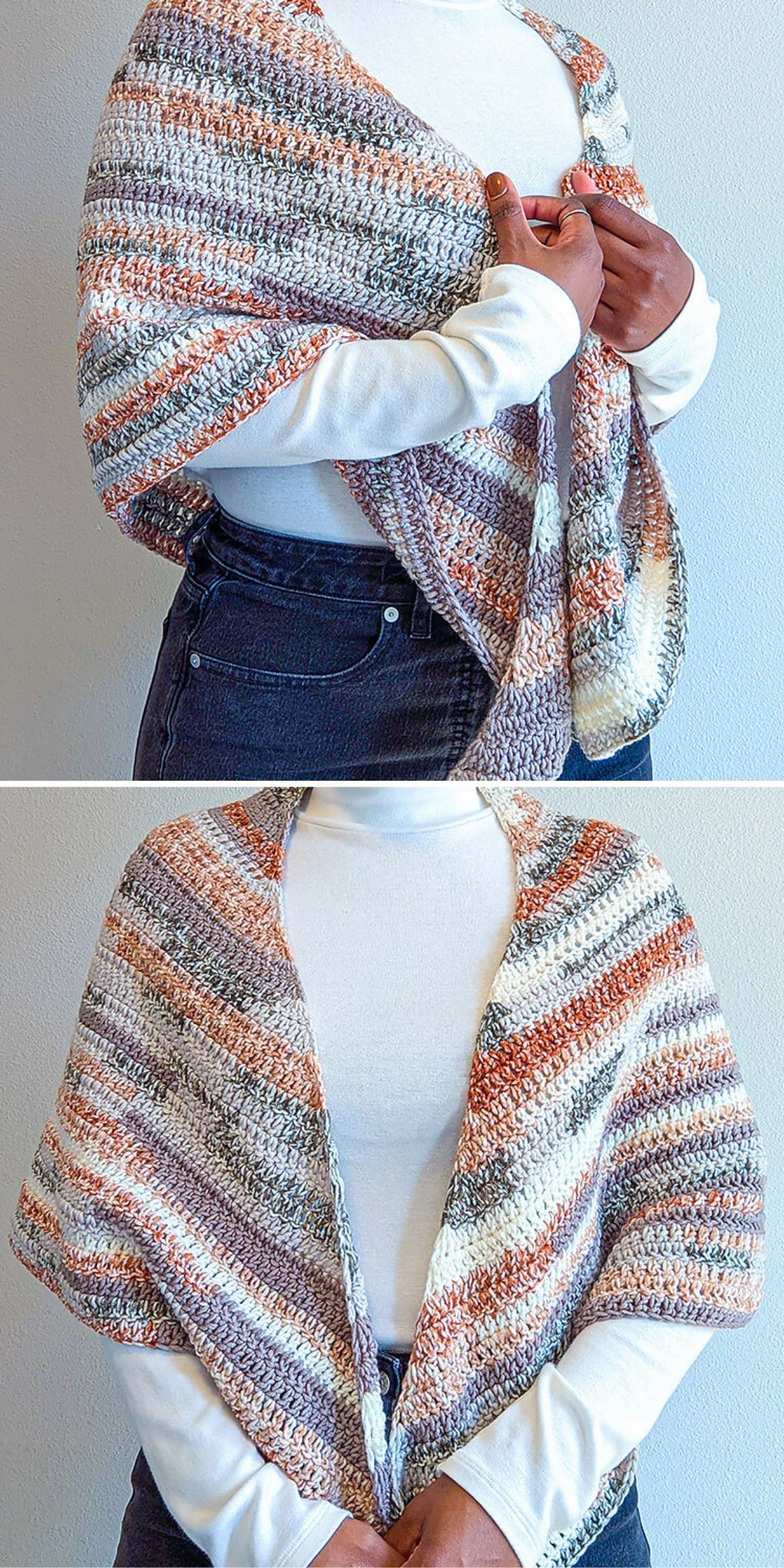 Person wearing a striped, multicolored crocheted shawl over a white turtleneck and dark jeans, shown from the waist up in two poses against a plain background.