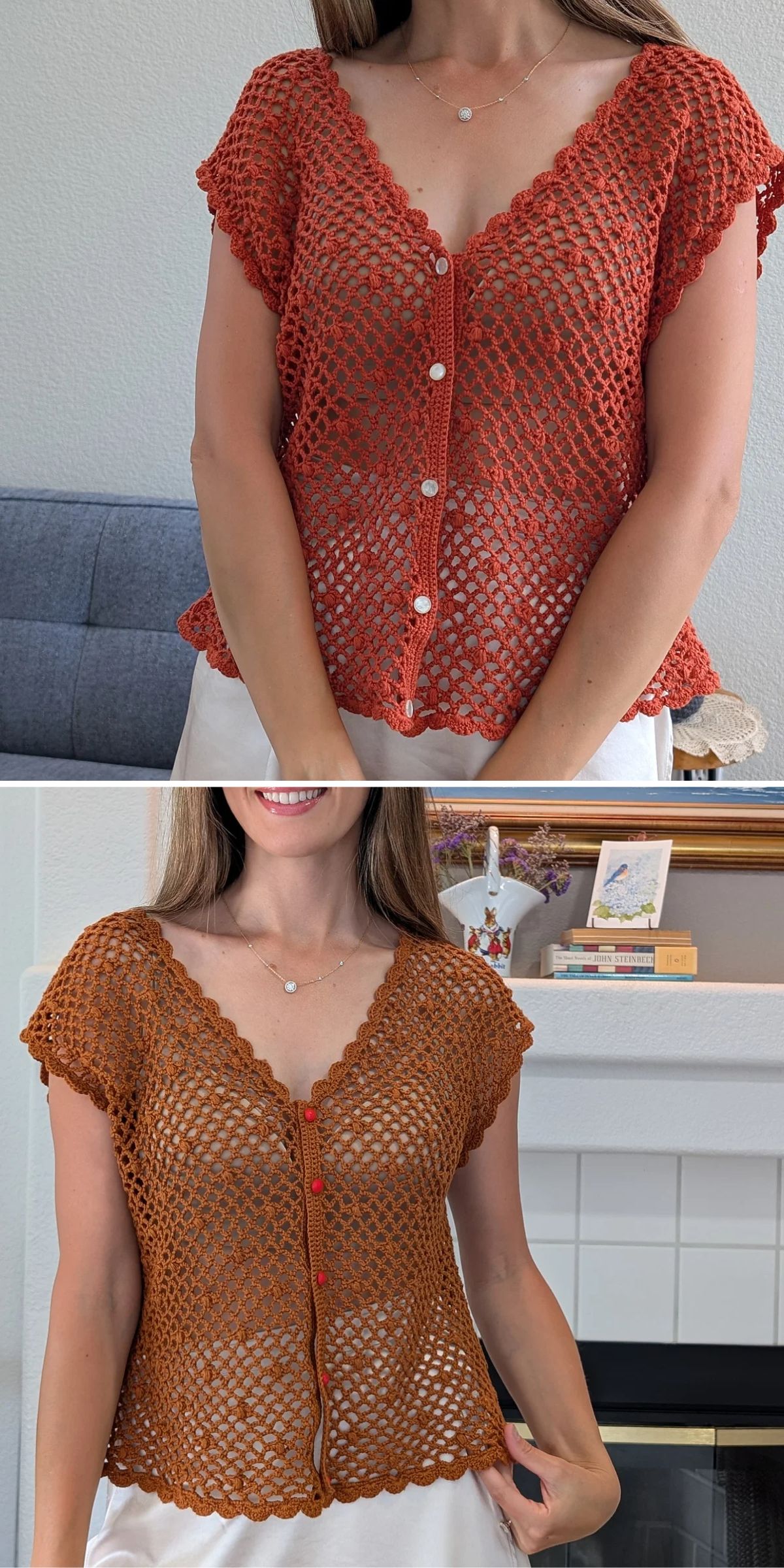 Two women wear similar crochet button-up tops in red and brown, each standing indoors with a visible background of home furniture and decor.
