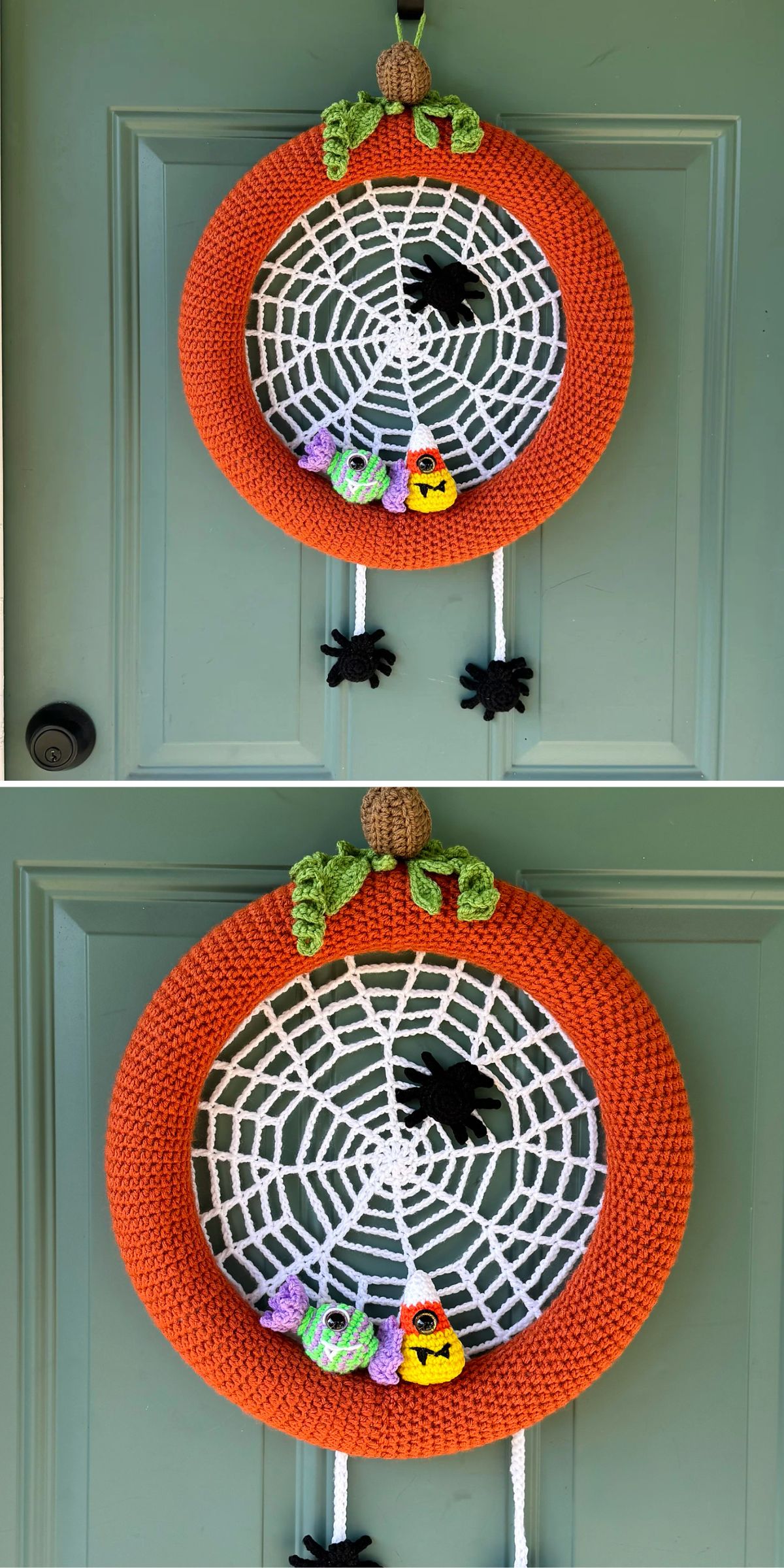 Crocheted Halloween wreath with a white spiderweb, two black spiders, small crochet pumpkins, and a green door background.